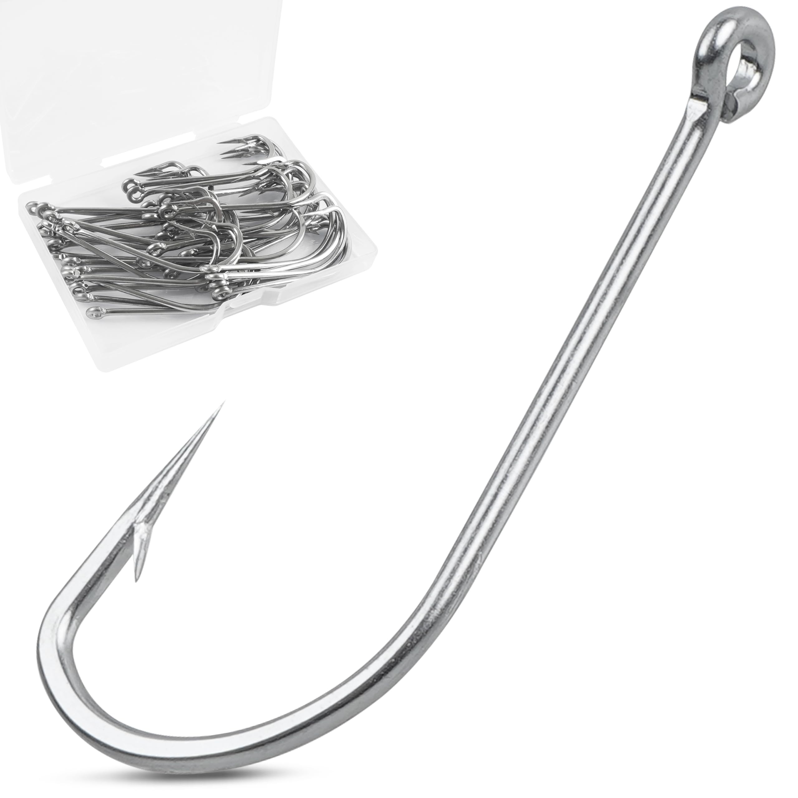 Fishing J Hooks Saltwater, 40pcs O'Shaughnessy Hooks Stainless Steel Forged J Hooks Extra Strong Trolling Long Shank Fishing Hooks for Sea Bass Striper Snapper Bluefish Size 1/0-10/0