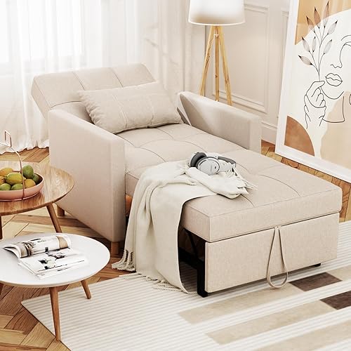 Esright Sleeper Chair Bed, 3-in-1 Convertible Sofa Chair Adjustable Backrest with Throw Pillow, Pull Out Sofa Bed Couch for Small Space, Apartment, RV, Beige