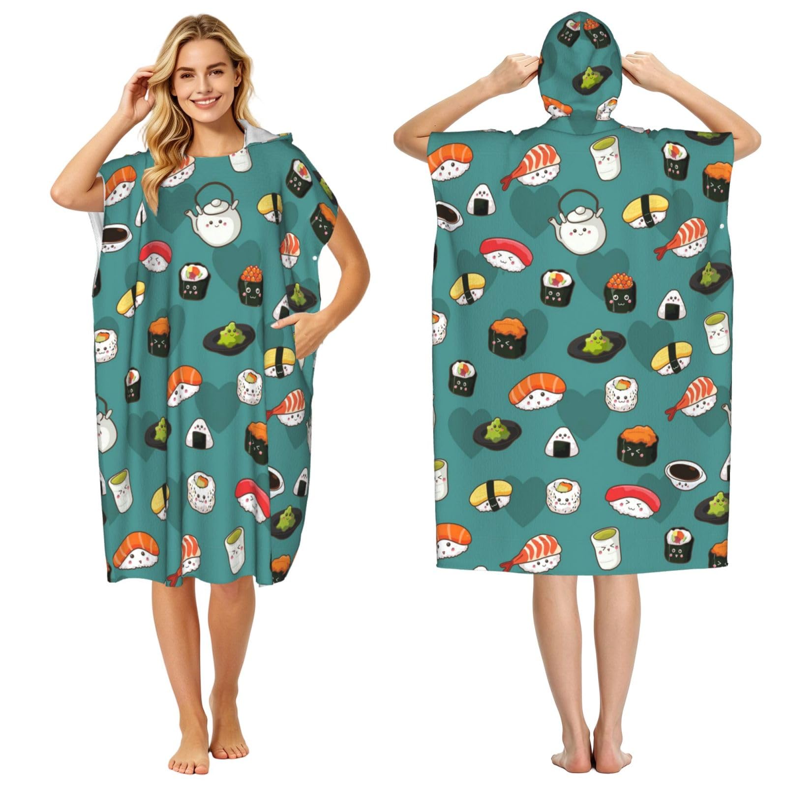Poadnly Cute Sushi, Adult Hooded Beach Towel 90 x 110 cm,Changing Bath Robe, Surf Poncho Towel For Women Men
