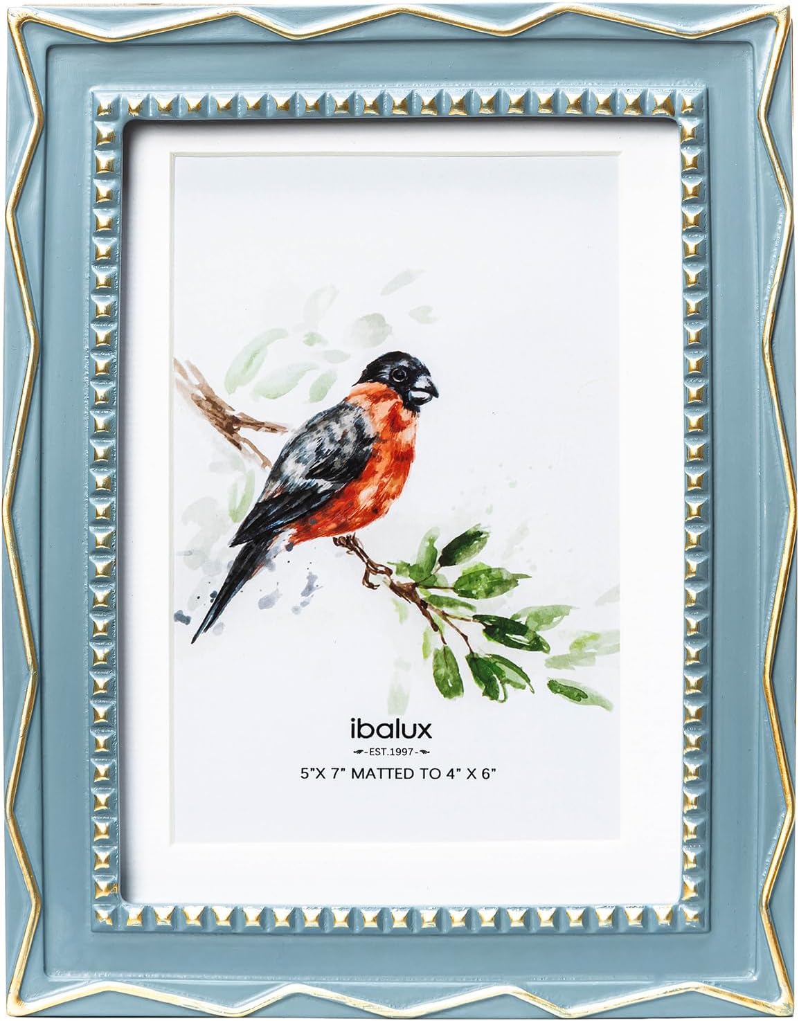 Muted Blue 5x7 Picture Frame with Gold Swirl & Bead Accents, Resin with Real Glass, Matted to 4x6, Vertical and Horizontal for Tabletop or Wall Hanging