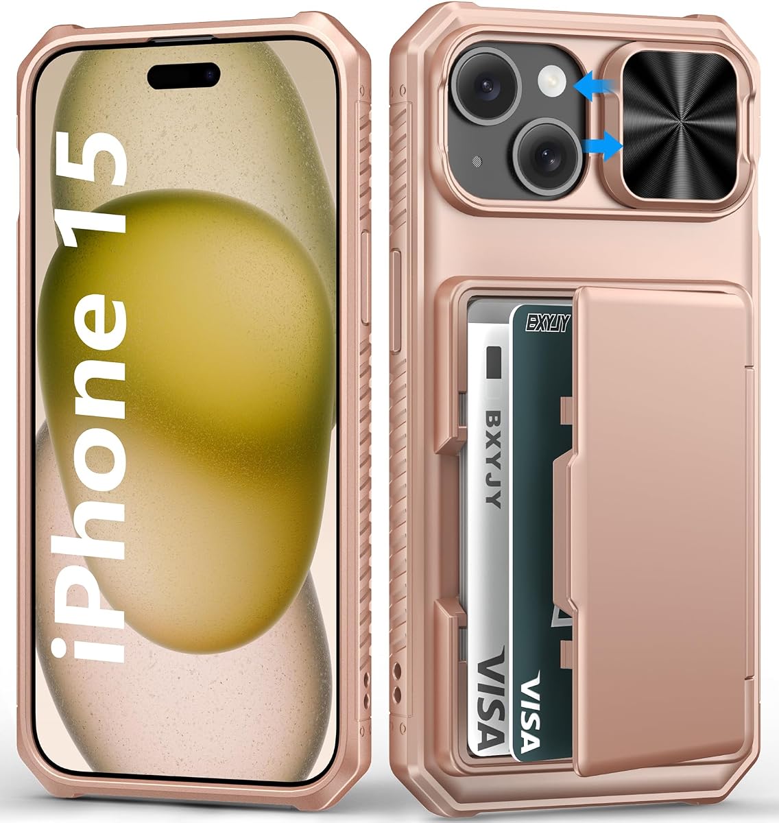 para iPhone 15, iPhone 14, iPhone 13 Funda tipo cartera, tarjetero, oro rosa | Cubierta deslizante para cámara, protección militar contra caídas, resistente a los golpes, resistente, dura, para hombres y mujeres, funda para teléfono para iPhone 15/14/13