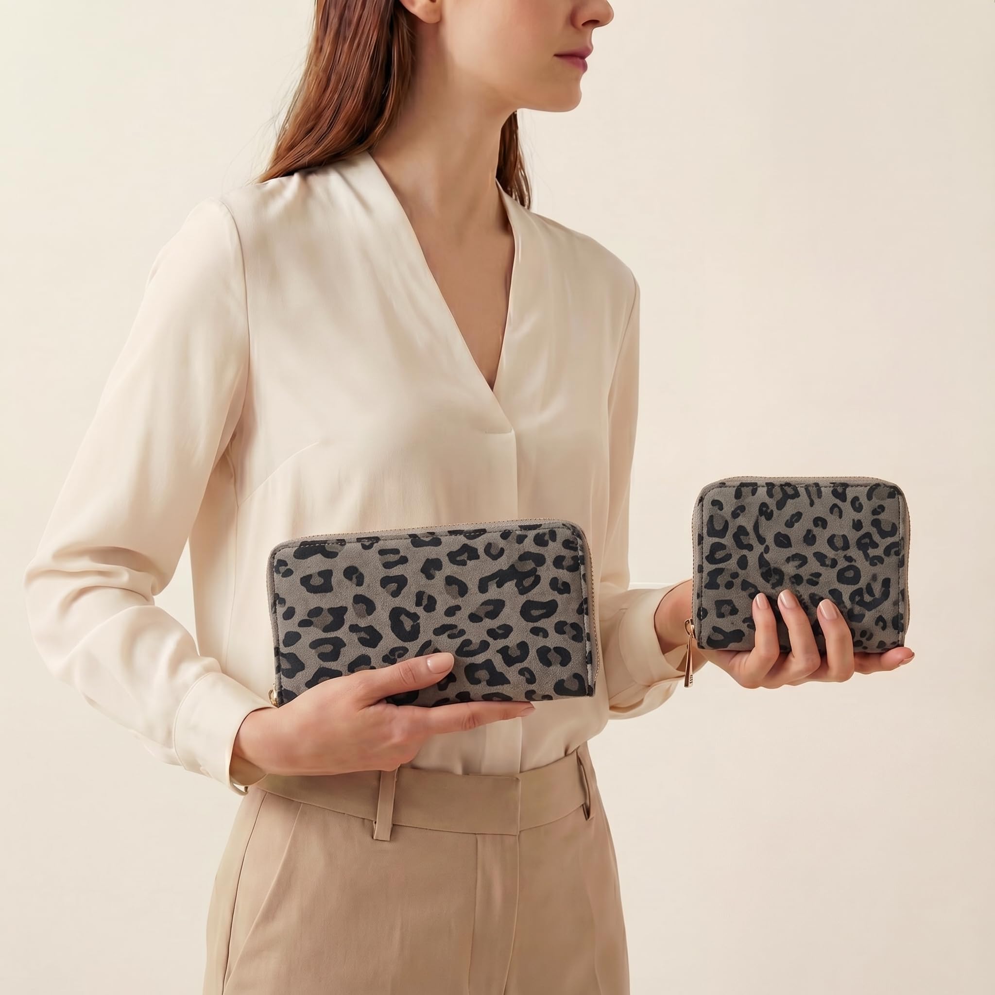 MillyMilk® Savana Large – Großer Leo Portemonnaie & Geldbeutel für Damen – Geräumige Geldbörse im Leopard Design in Wildlederoptik Animal Print – Stilvolle Clutch Wallet (Leo GRAU)