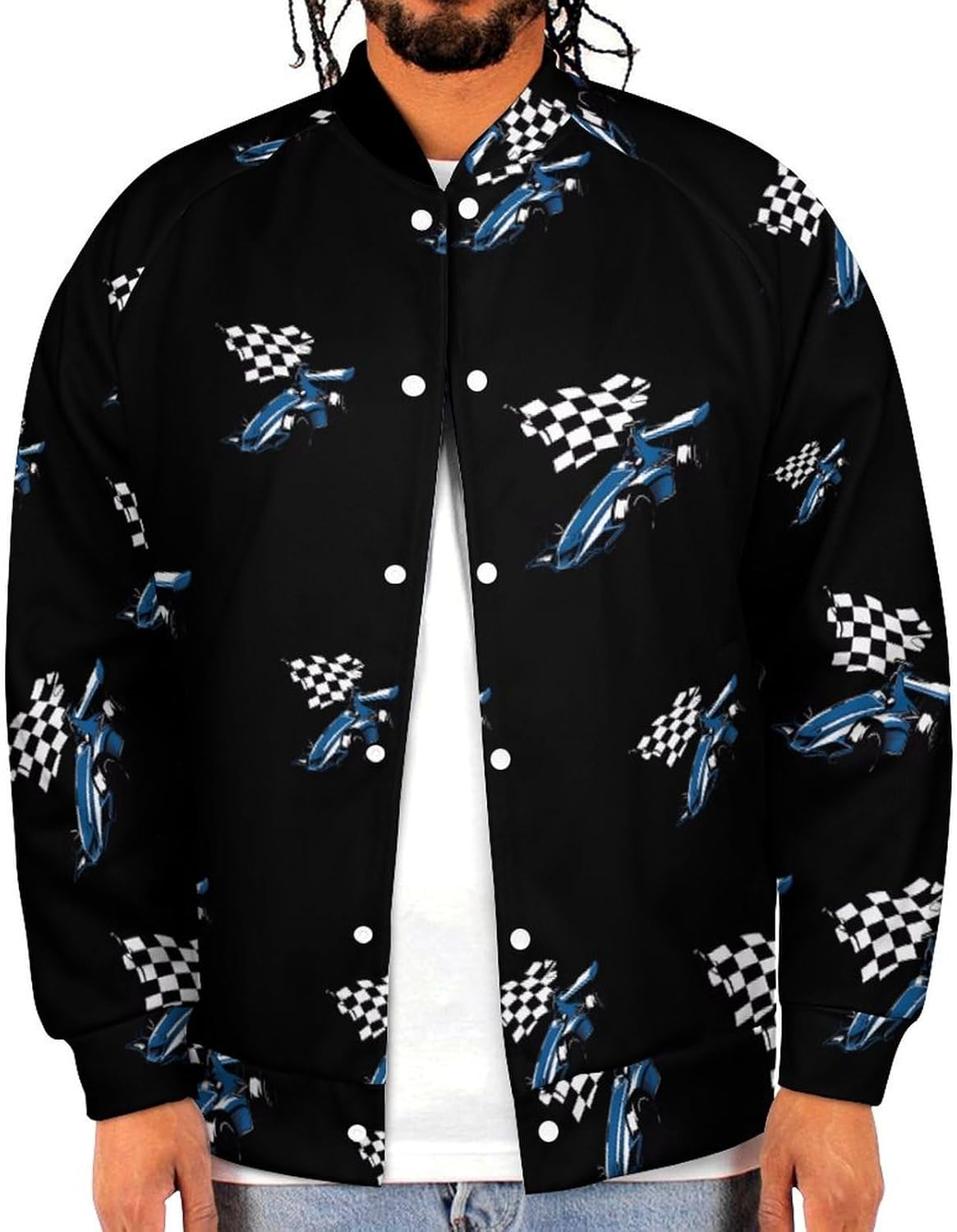 Blue Car with Racing Flag Novelty Men's Baseball Jackets Causal Sweatshirt Button Top Long Sleeve Coat