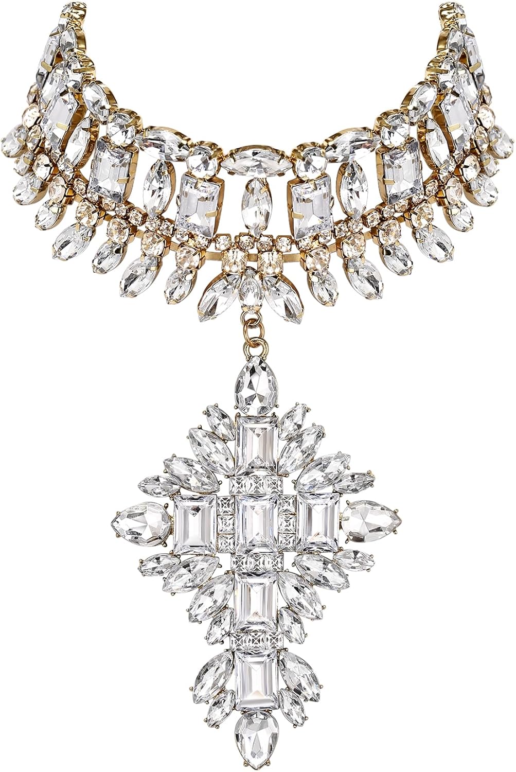 Flyonce Costume Statement Bib Necklace, Sparkly Rhinestone Crystal Vintage Art Deco Chunky Choker Necklace for Women