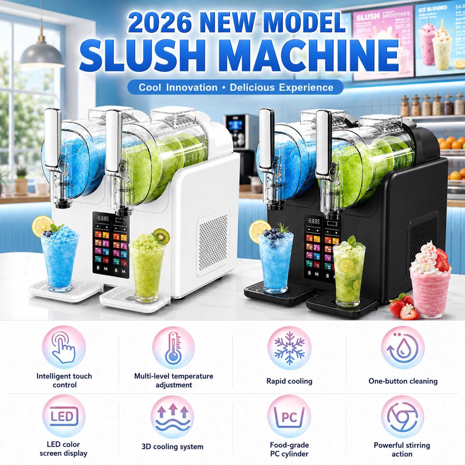 Máquina De Granizados Y Helado Soft, Doble Tanque 2 X 2 L Para Hogar/Comercio, Sin Hielo, Enfriamiento Rápido, Temperatura Regulable, Pantalla Táctil,Para Margaritas Y Frappés, Negra white