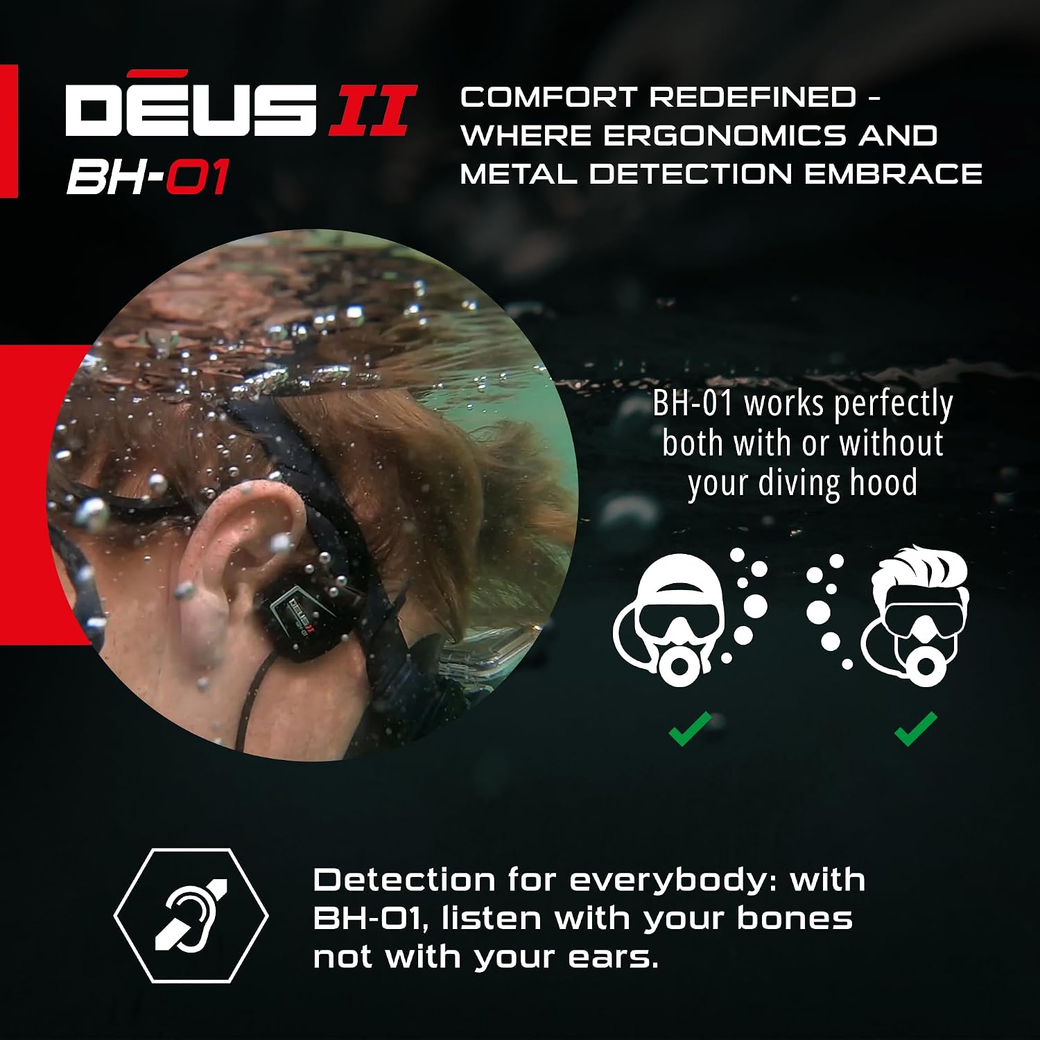 User wearing BH-01 headphones underwater, showing compatibility with or without a diving hood.