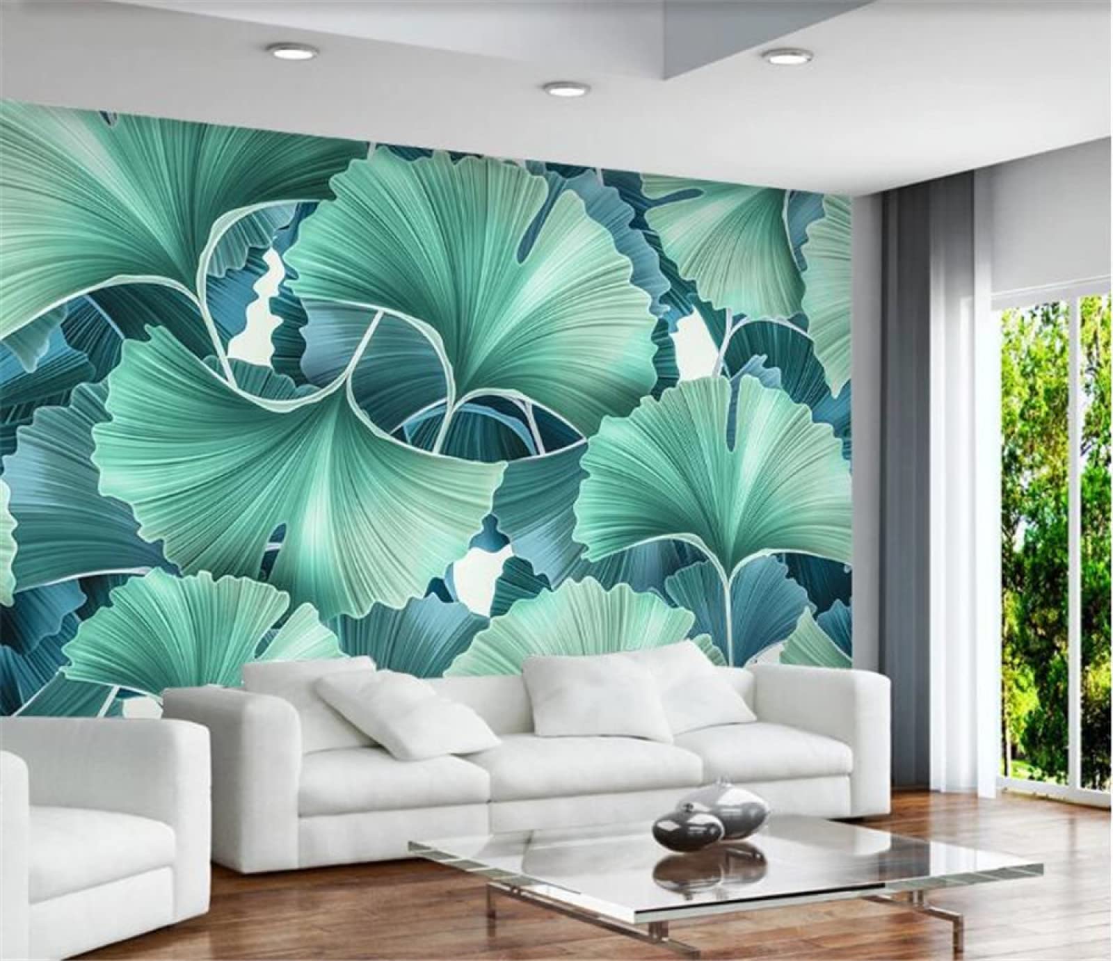 Papier peint mural 3d vert ginkgo biloba decoration interieure salon canape et chambre