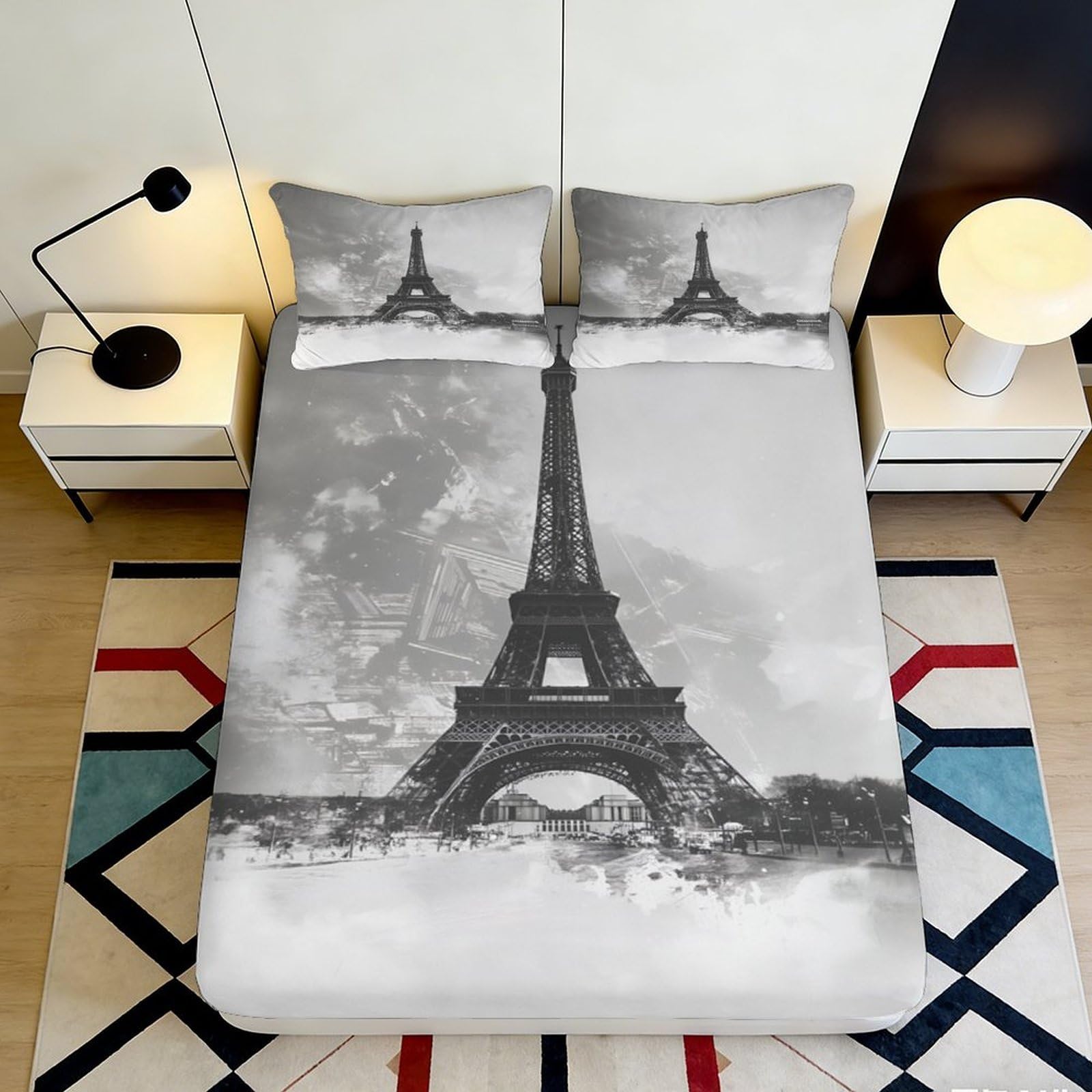 3D Printed Eiffel Tower Paris Fitted Sheet Microfiber Soft Bed Cover Black White for Bedroom Guestroom Decor 90x200x25cm
