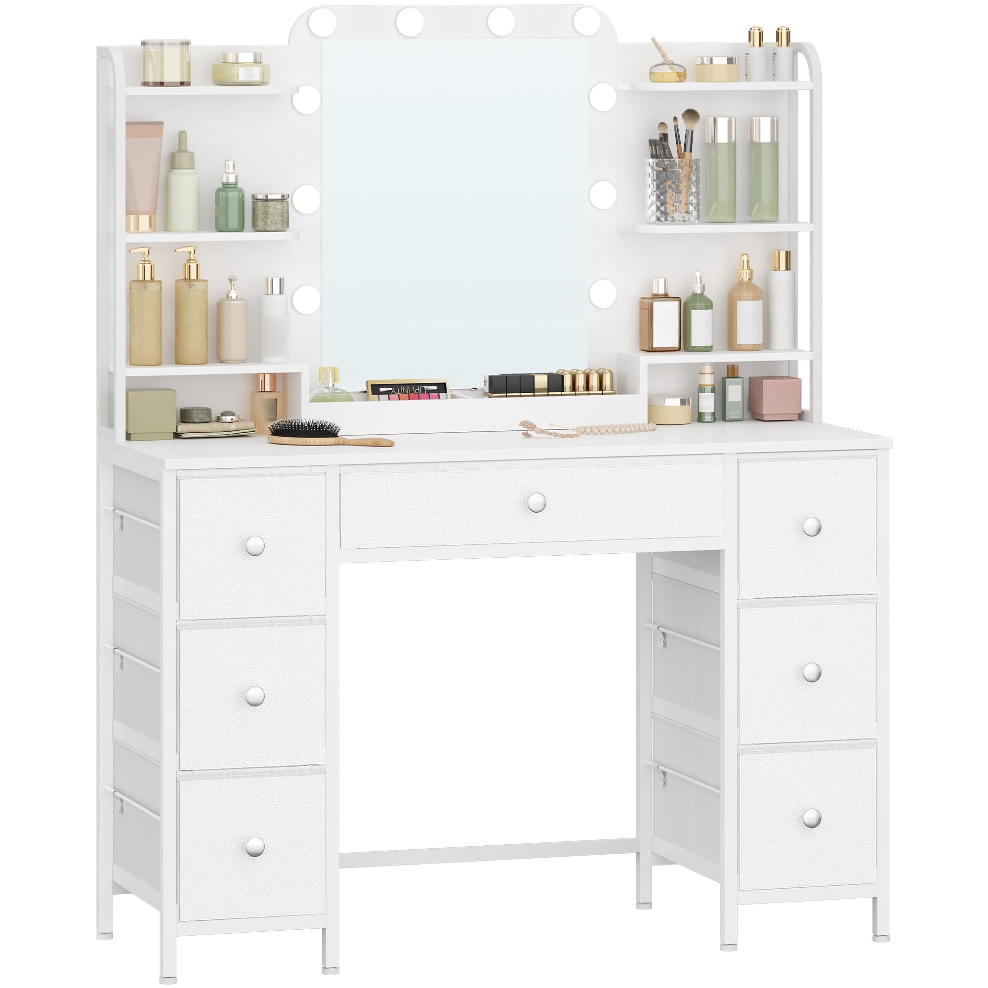 Hzuaneri Coiffeuse avec éClairage LED, Coiffeuse avec Grand Miroir HD, 7 Tiroirs et 6 éTagèRes de Rangement, Dressing de Chambre, Moderne Blanc DT42303XEU