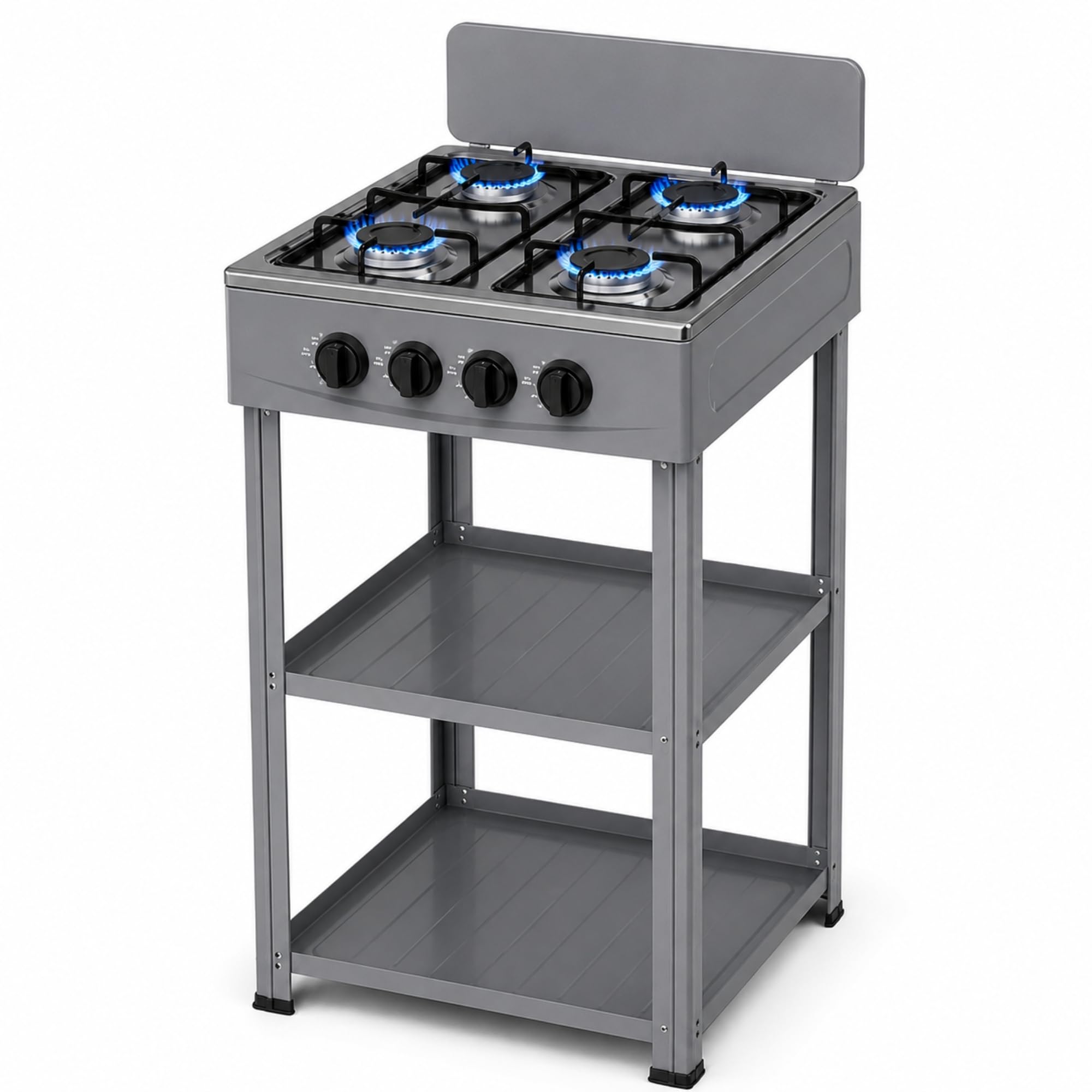 Fornello a Gas 4 Fuochi con Mobile e 2 Ripiani Acciaio, Cucina Compatta in Alluminio con Controllo Fiamma, Piano Cottura 82x49x49 cm per Interno ed Esterno, Grigio
