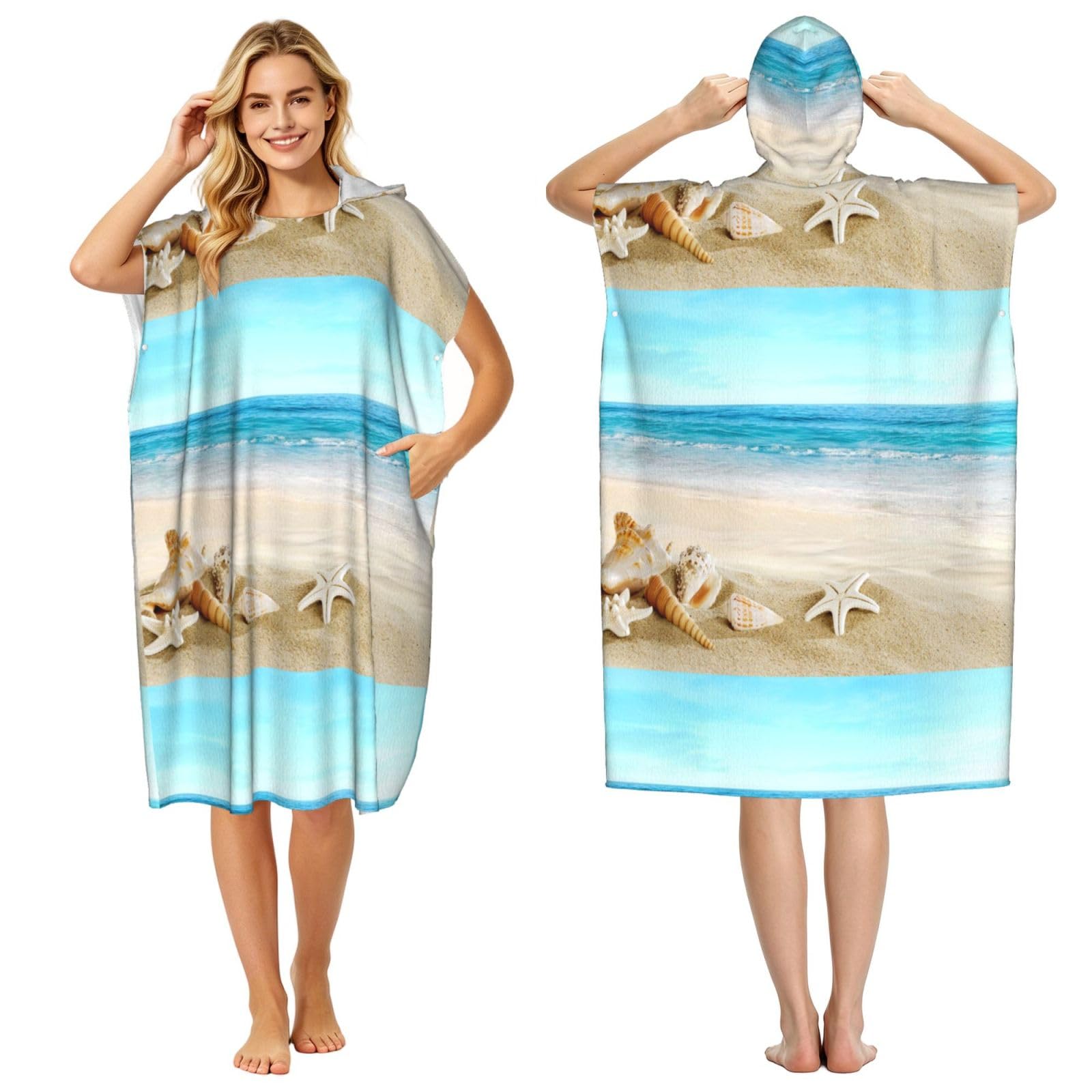 Poadnly Seashells Sand, Adult Hooded Beach Towel 90 x 110 cm,Changing Bath Robe, Surf Poncho Towel For Women Men