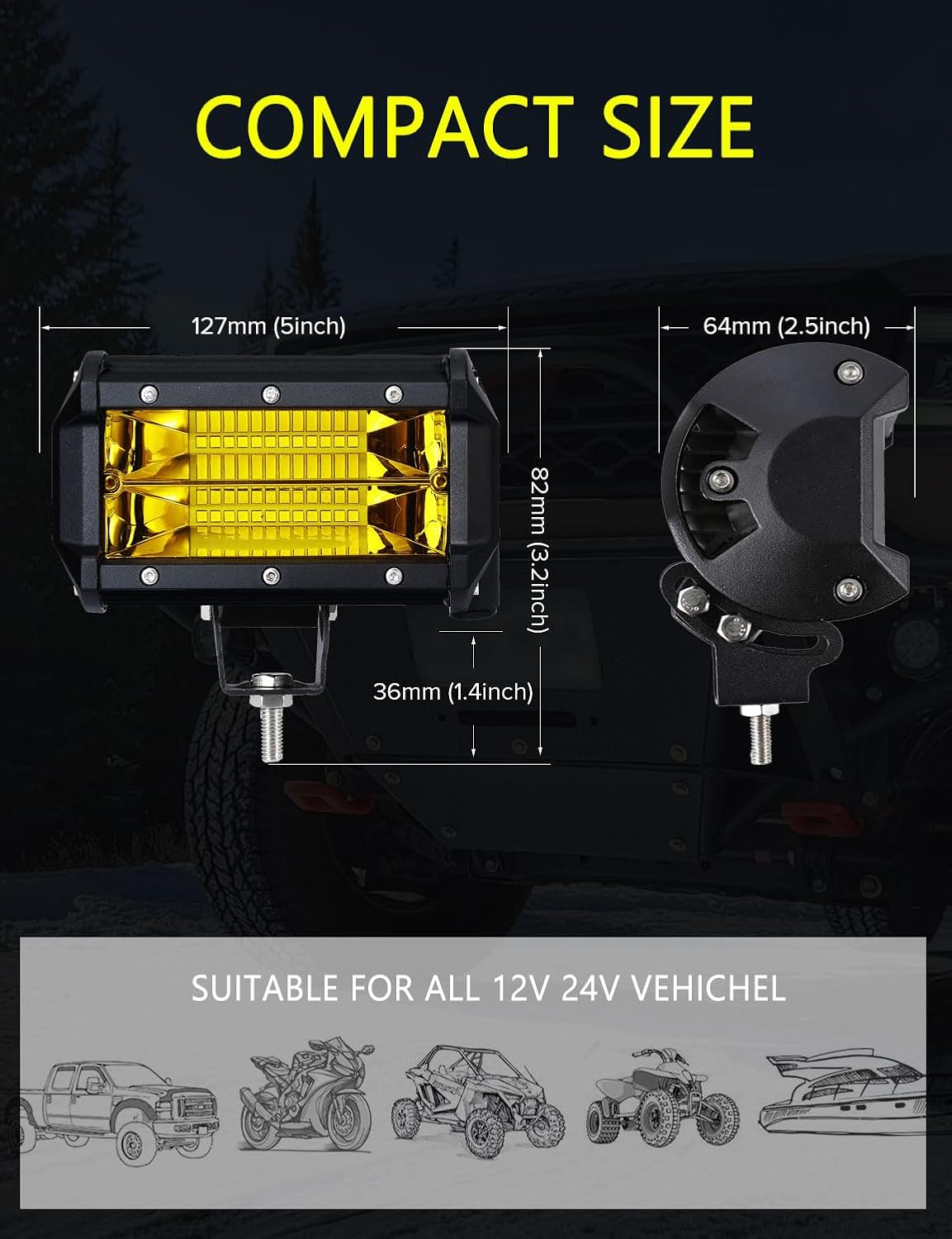 Chelhead Yellow Fog Lights, 5 Inch 72W Led Light Bar Off Road Amber Led Driving Lights Compatible with Trucks Motorcycle Off-road Jeep ATV UTV SUV Boat Marine 4X4