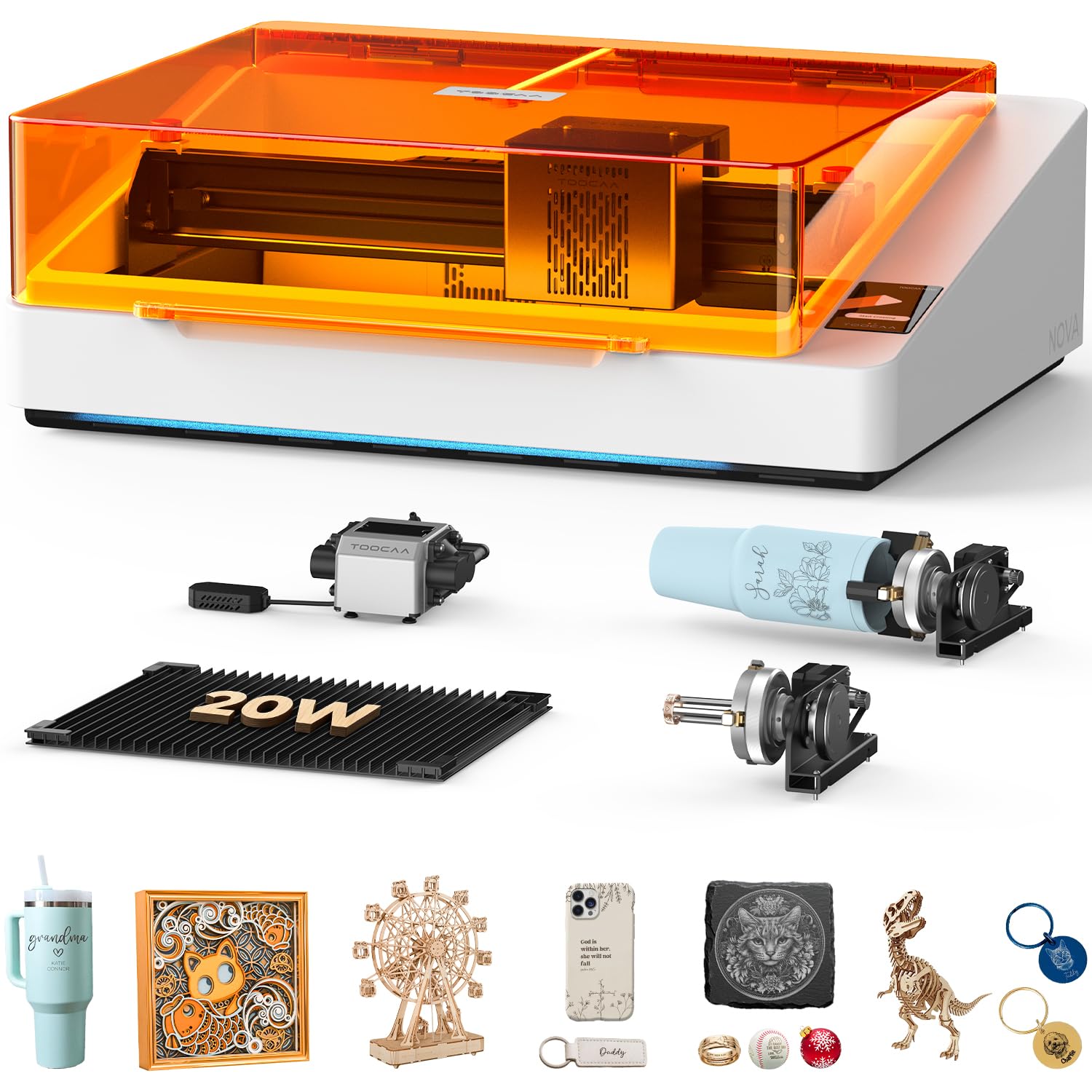NOVA - Grabador láser inteligente de 20 W, posicionamiento de cámara AI de 5 MP, enfoque automático, kit giratorio de 360°/asistencia de aire, reconocimiento de material IA, máquina de grabado