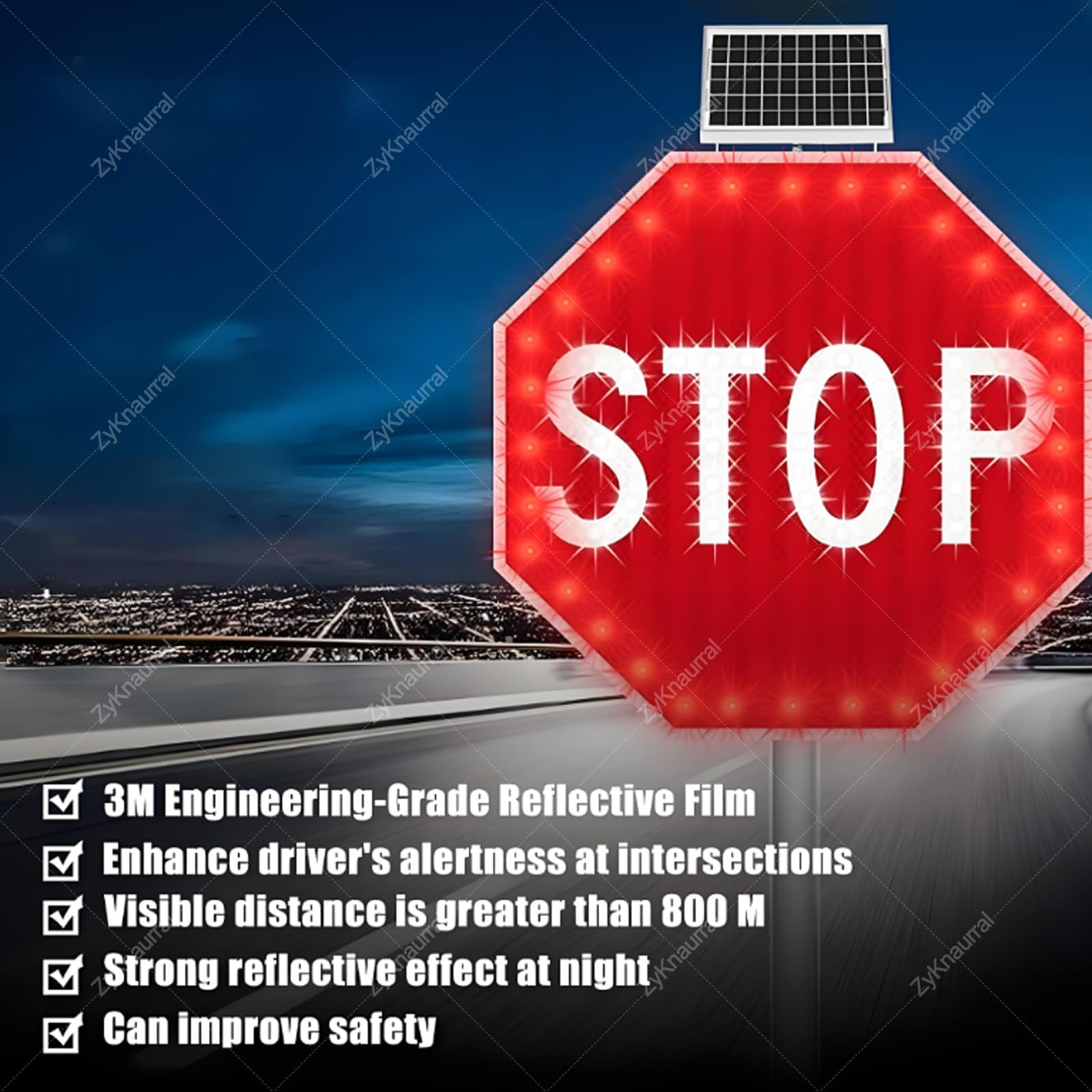 Señal de parada LED solar, señal de advertencia de tráfico intermitente reflectante de 61 cm para seguridad vial, funciona con energía solar con película reflectante de grado de ingeniero