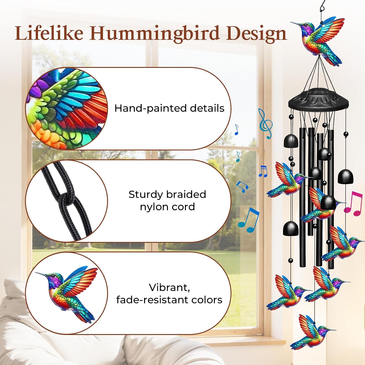 Hummingbird Wind Chimes for Outside,Soft Tone Black Metal Windchimes with Bells,Vivid Hummingbirds Decor for Garden Yard Patio,Memorial Sympathy Gifts for Women, Mom, Grandma,Bird Lovers in Gift Box image 5