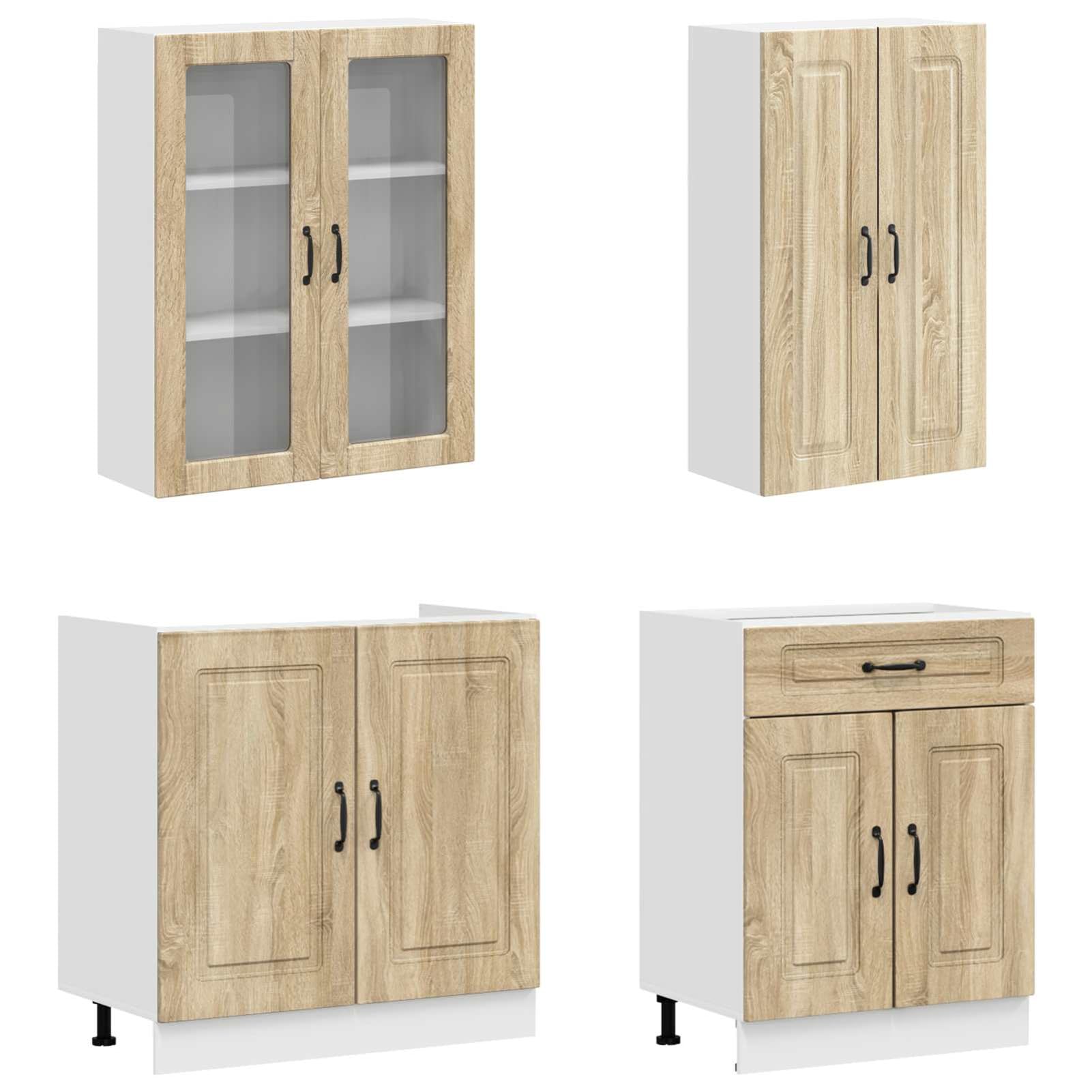 Homgoday Küchenzeile Kalmar mit Wandregalen und Glastür, Holzwerkstoff Sonoma-Eiche, 151 kg, verstellbare Füße, Küchenmöbel Set für Moderne Küchen, Stauraumlösung 3438195