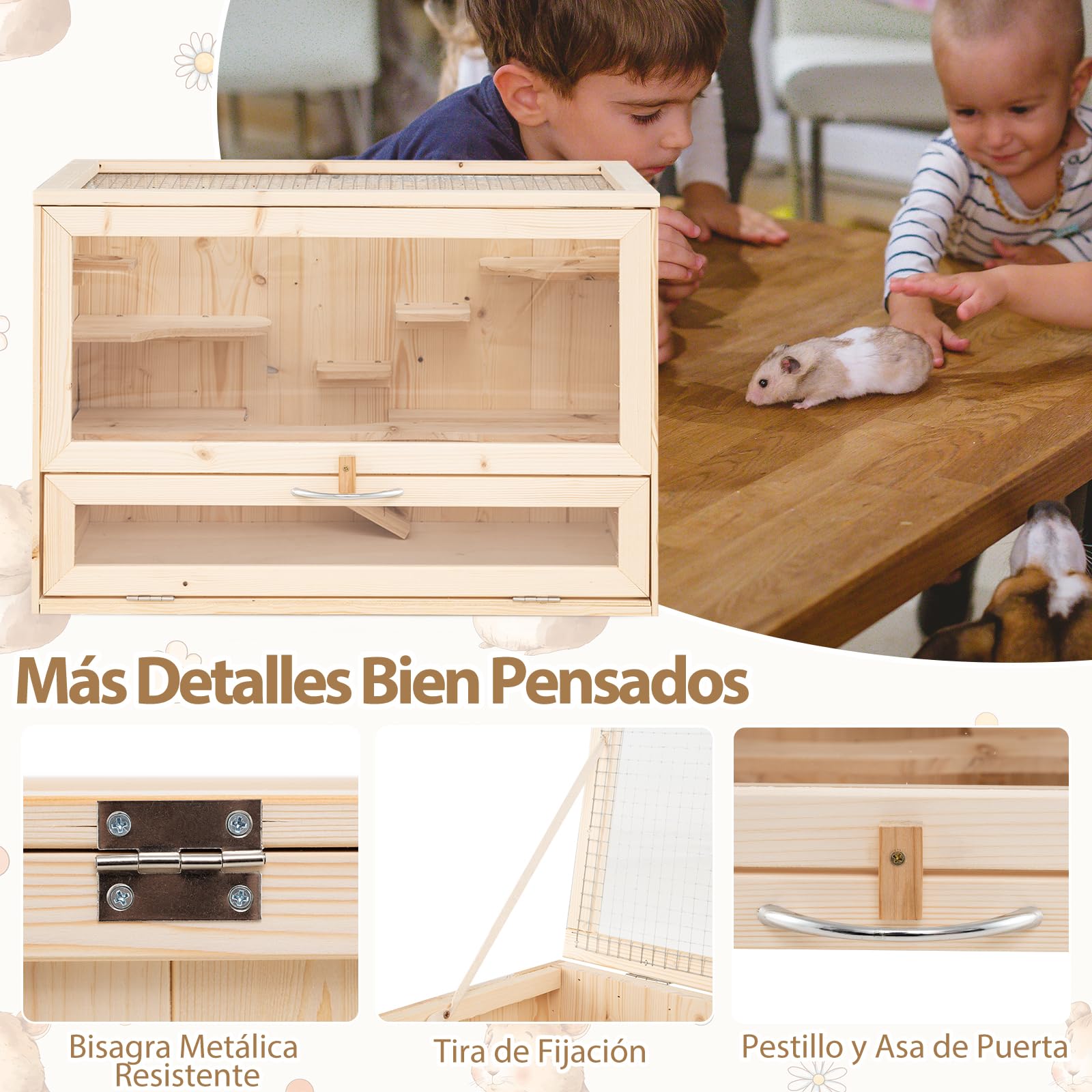 GYMAX Jaula de Madera para Hámster, Casa para Hámster con Techo Abatible de Malla, Paneles de Acrílico Transparente, Múltiples Niveles y Zonas de Juego, para Mascotas, 60 x 35,5 x 42 cm