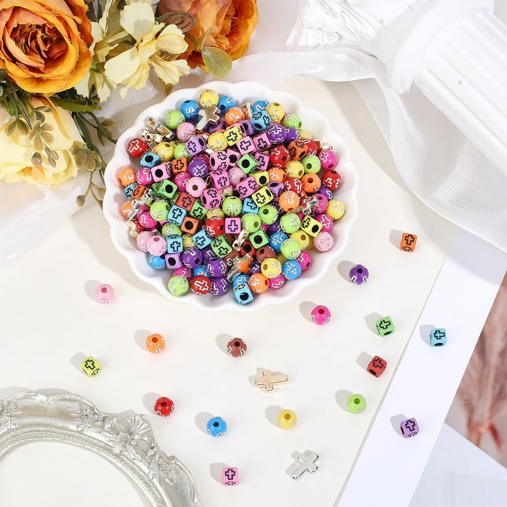 1 Box 900PCS Easter Cross Bead Kit Acrylic Cube Square Round CCB Plastic Crucifix Silver Mixed Color Spacer Loose Beads Charm Bulk for Jewelry Making Necklace Bracelet DIY Craft Supply