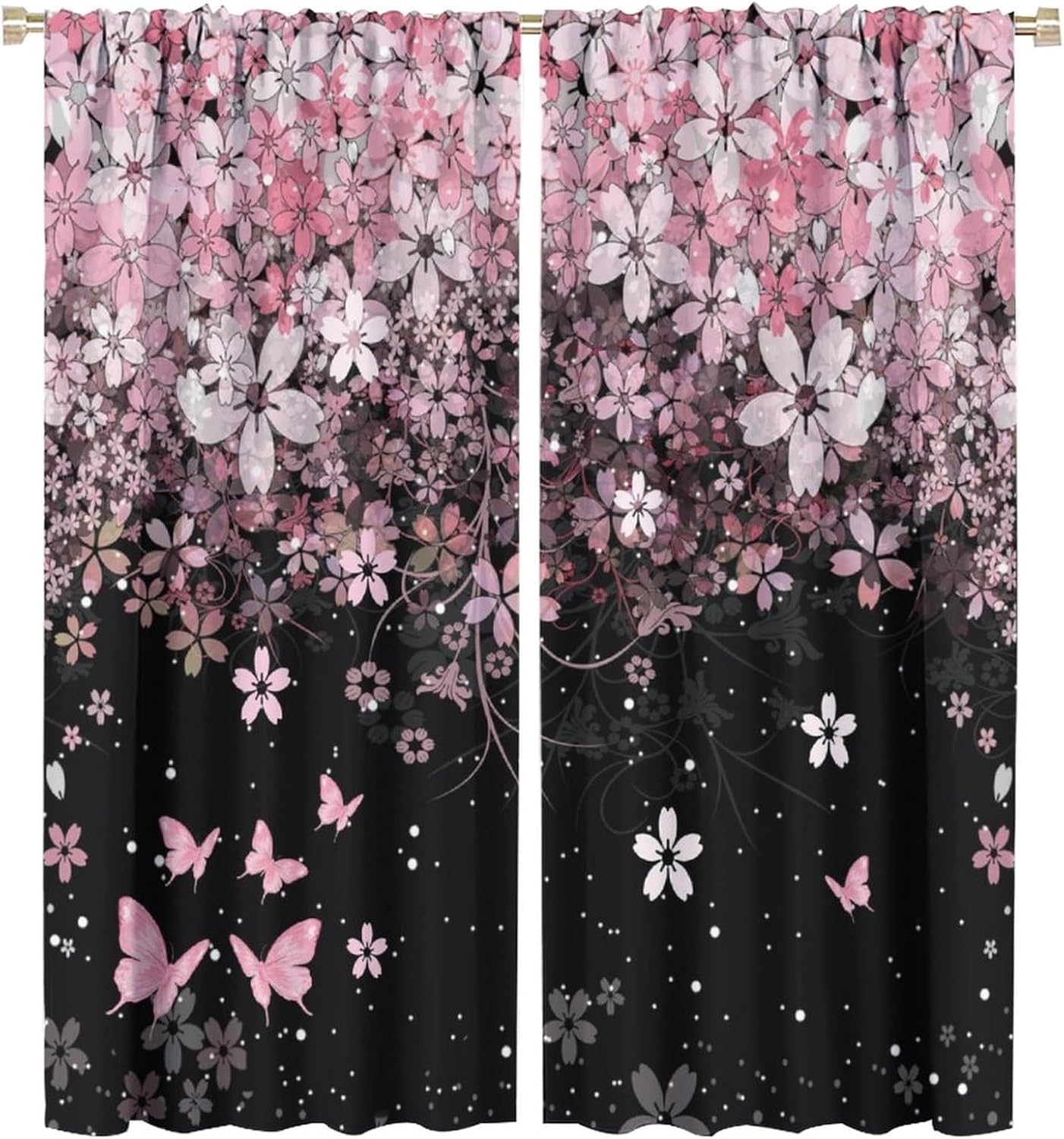 Watercolor Pink Art Butterflies Curtains for Living Room, Abstract Aesthetic Spring Nature Cherry Blossoms Rod Pocket Thermal Insulated,Noise Reduction 2 Panels 63" L x 27.5" W