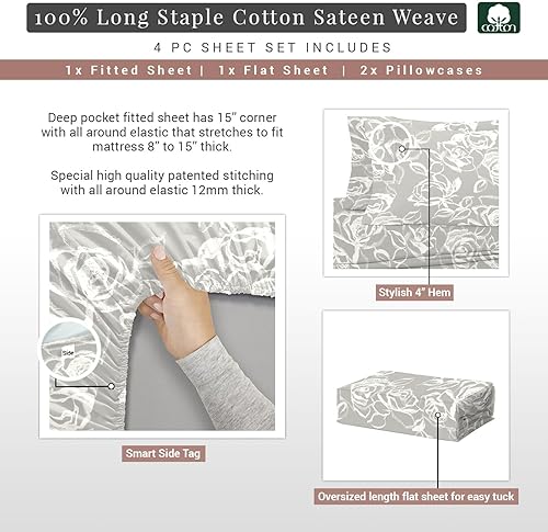 Miniatura 10 de Pizuna Sábanas de algodón con estampado de mármol de Carrara para cama corta tamaño Queen, 400 hilos, 100% algodón de fibra larga, sábanas de satén