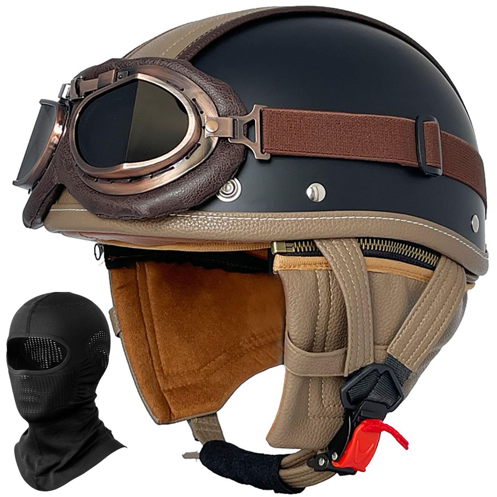 Leder Motorrad-Halbschale, Retro Deutscher Offener Helm mit Schutzbrille, Gesichtsmaske und Abnehmbarem Nackenwärmer, ECE-zugelassen, Herren Damen Vintage Halbschalenhelm, 55–64cm