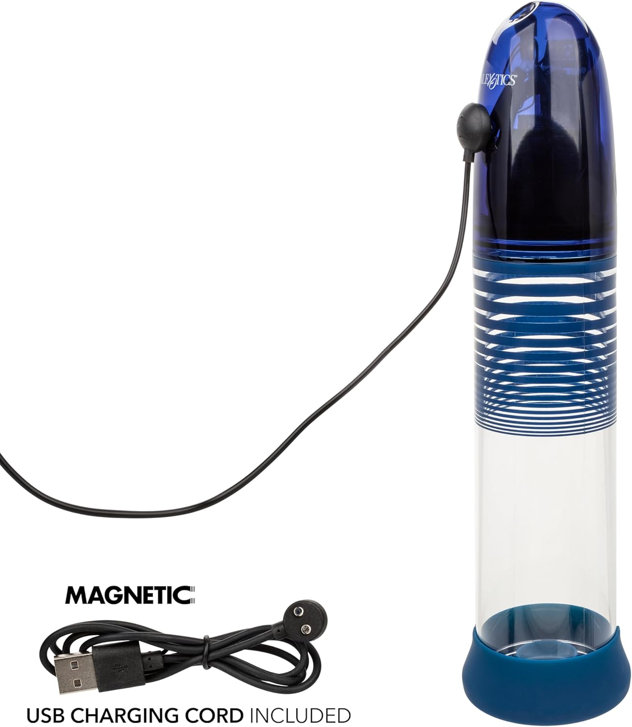CalExotics Optimum Series Ultimate Waterproof Smart Pump with magnetic USB charging cable connected to a laptop