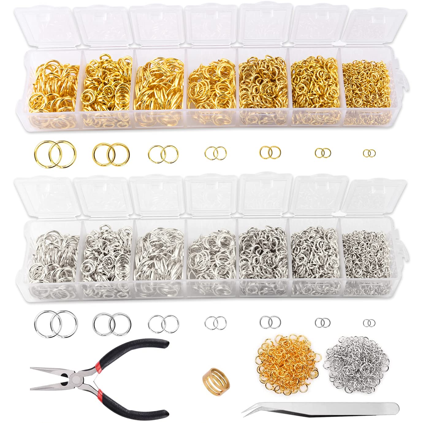 3000Pcs Jump Rings Open Jump Rings Kit for Jewelry Making Supplies DIY Metal Craft Projects Making with Jewelry Pliers and Jump Ring Opener and Tweezers, Silver and Gold 7 Sizes