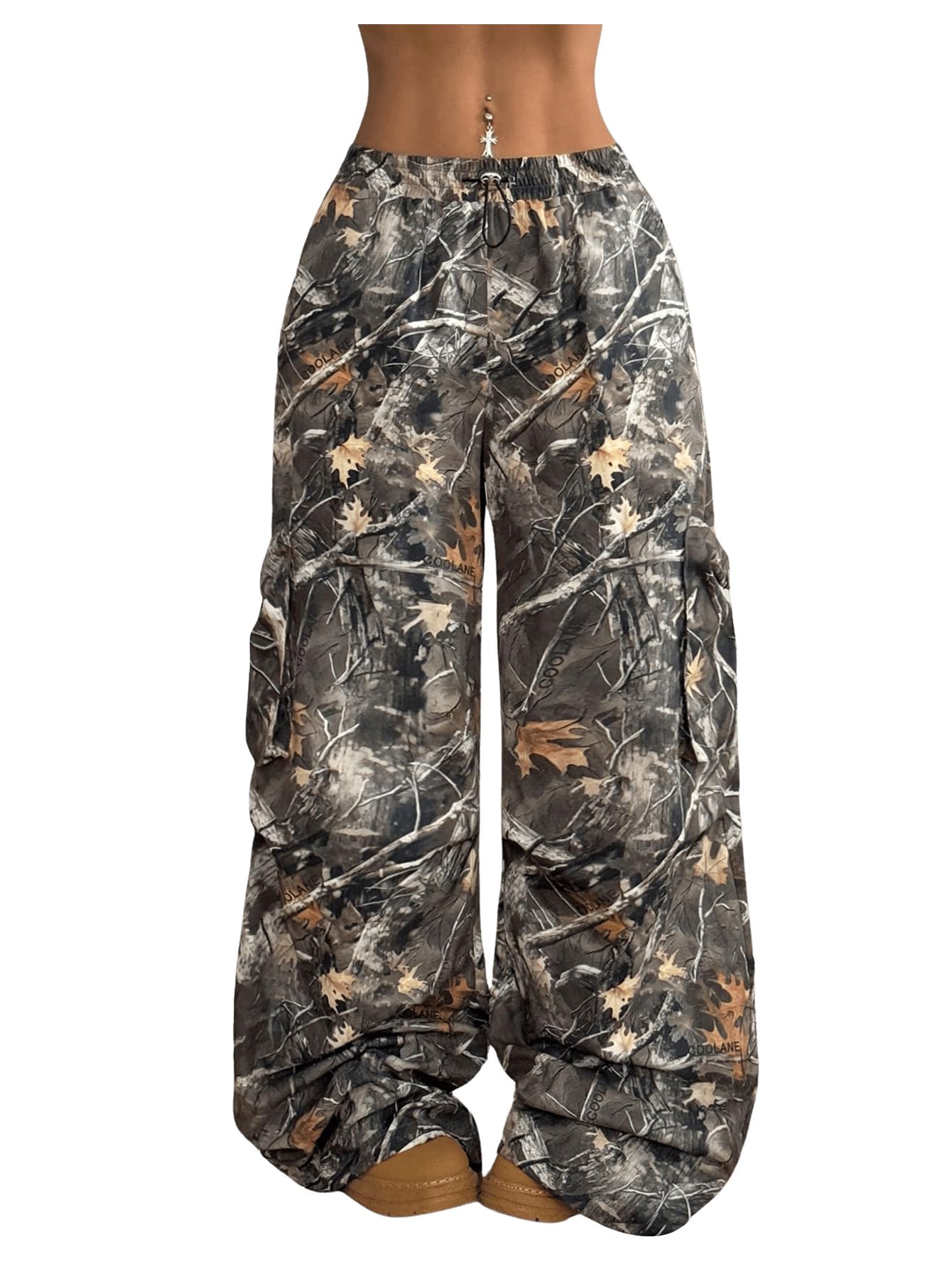Verdusa Womens Camo Cargo Baggy Pants Y2K Streetwear Drawstring Wide Leg Trousers Flare Sweatpants