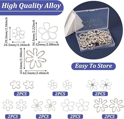 14Pcs Hollow Flower Charms Pendants Antique Silver Floral Connector Charms Flower Theme Alloy Open Back Bezel Frame Charm for UV Resin Pressed DIY Necklace Bracelet Jewelry Making