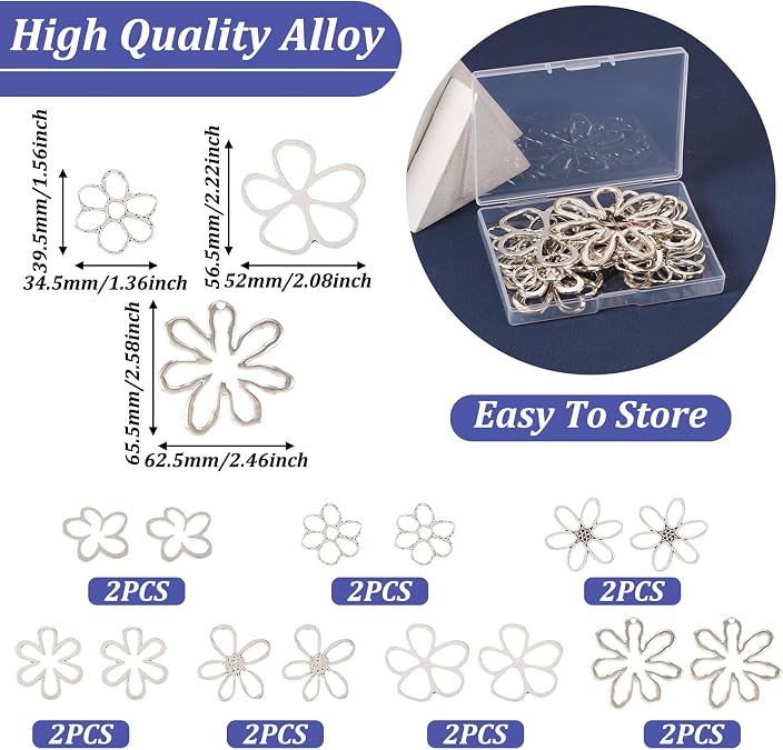 14Pcs Hollow Flower Charms Pendants Antique Silver Floral Connector Charms Flower Theme Alloy Open Back Bezel Frame Charm for UV Resin Pressed DIY Necklace Bracelet Jewelry Making