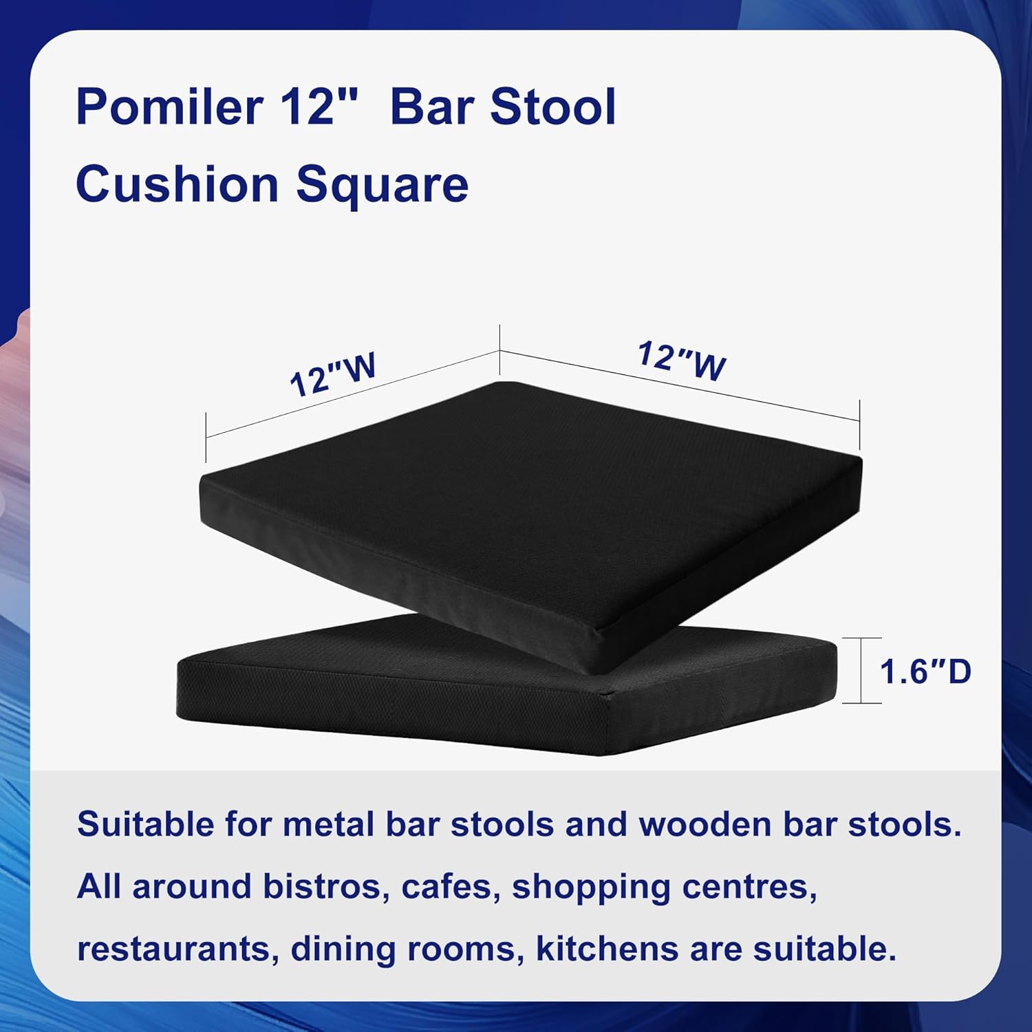 Bar Stool Cushions Set of 4, 12" Waterproof Thickened Barstool Seat Cushions, Breathable Small Chair Seat Pads for Café Bistro Stackable Classroom Metal Stools (Square, Black, 4 Counts) - Image 3
