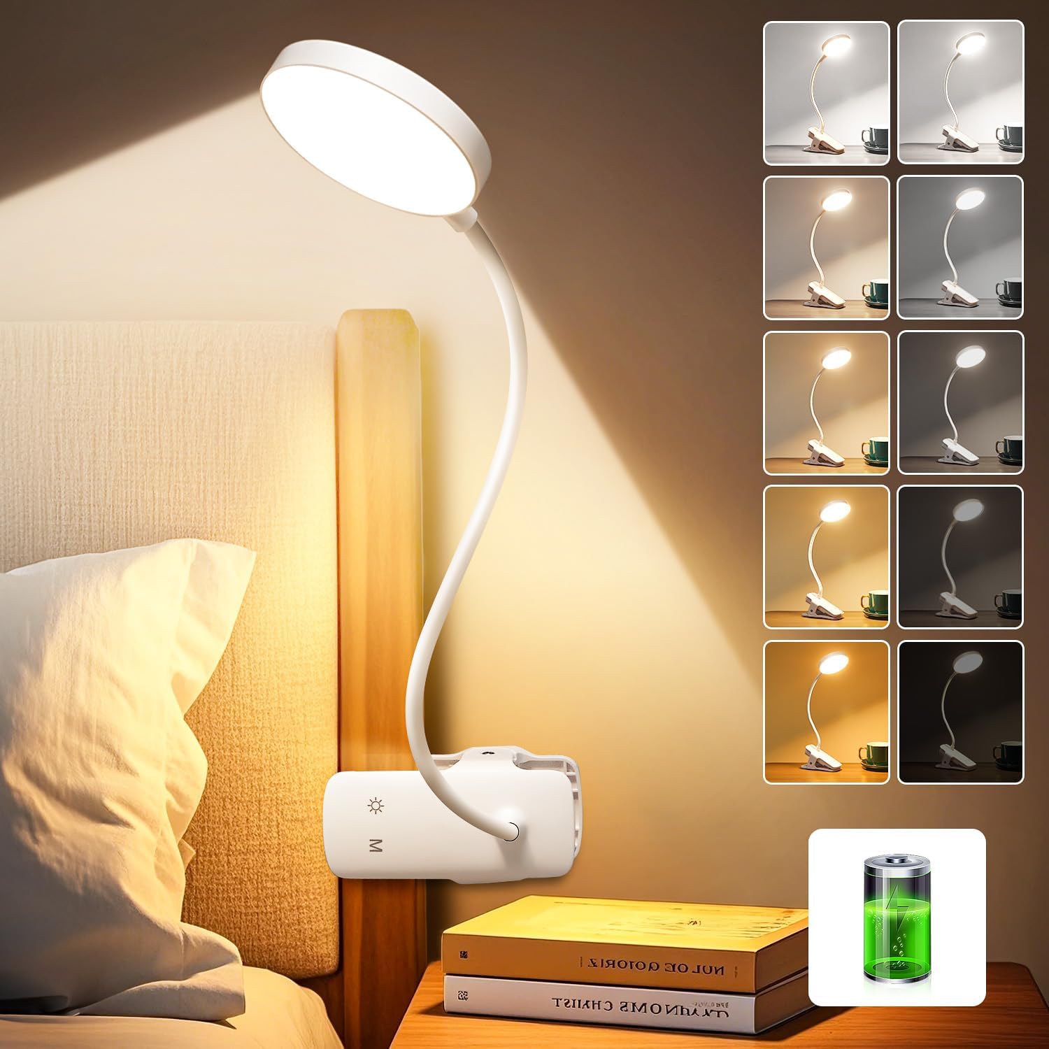 One Fire Reading Lights for Books in Bed, 3600 mAh Rechargeable Lamp, 5 Brightness/5 Colors/Memory Clip on Light, Flexible Reading Lamp, 400LM+36 LED Clip On Reading Light for Reading,Office,Craft