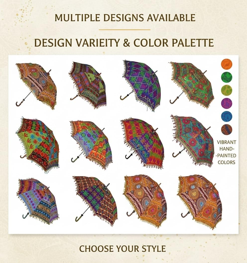 Wedding umbrellas Decorative Indian Cotton Parasol Umbrellas, Handmade Embroidered Design, Multi-Colored, Sun Umbrella,Boho Umbrellas Parasol, Set of 5