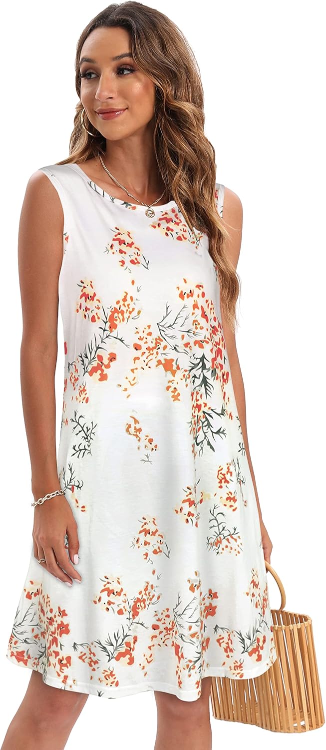 Summer Dresses for Women Beach Floral Tshirt Sundress Sleeveless Pockets Casual Loose Tank Dress Medium White Orange Floral