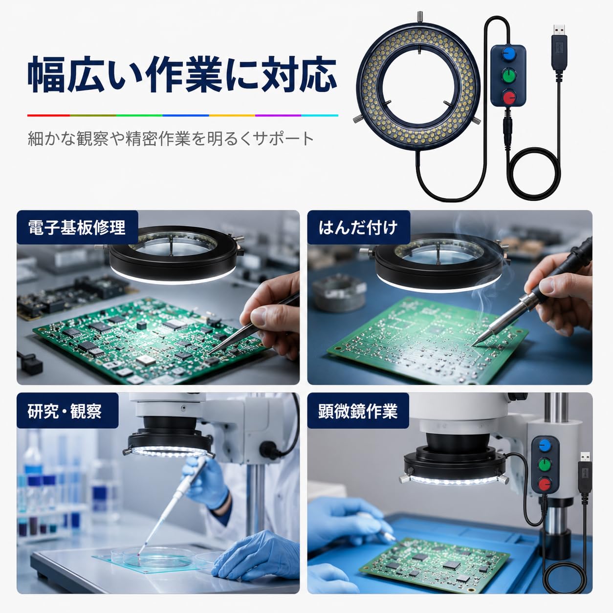 Mikroskop LED Ringlicht Illuminator, USB 5V 144 LED Farbtemperatur einstellbar, 4 Zonen, RGB, Fokus Lampenquelle für Monokular Fernglas Trinokkular Stereo Mikroskop Vision Scientific (144 LED RGB)