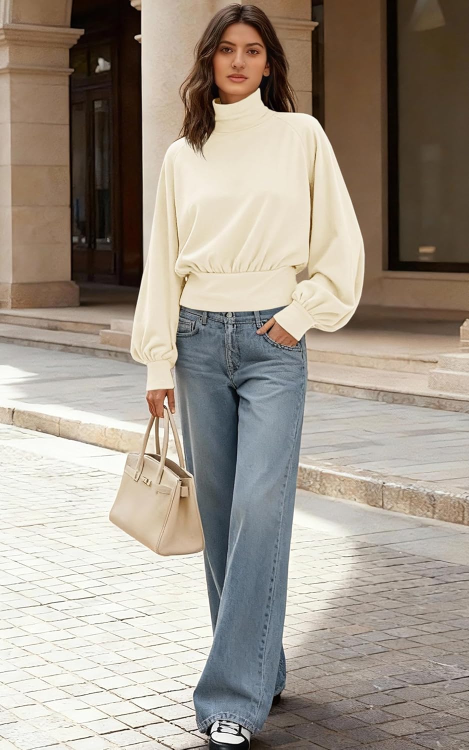 Yanekop Womens Turtleneck Tops Mock Neck Long Sleeve Shirts Oversized Cropped Sweatshirts Loose Fitting Pullover Tops - Image 6