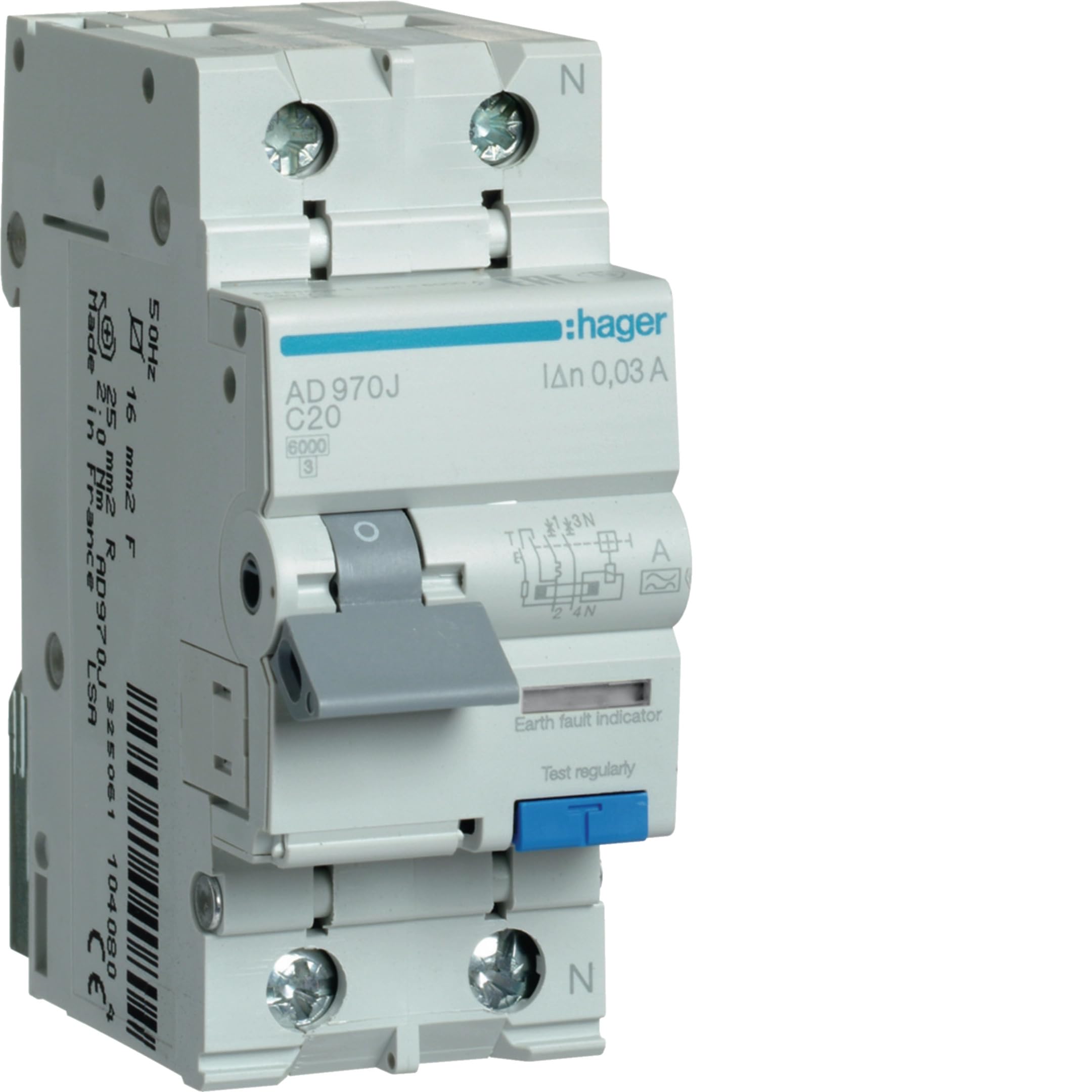 Ad970j Disjoncteur Différentiel Hager 1p+n 20a 30ma 6ka Type A - Neutre à Droite - Auxiliarisable