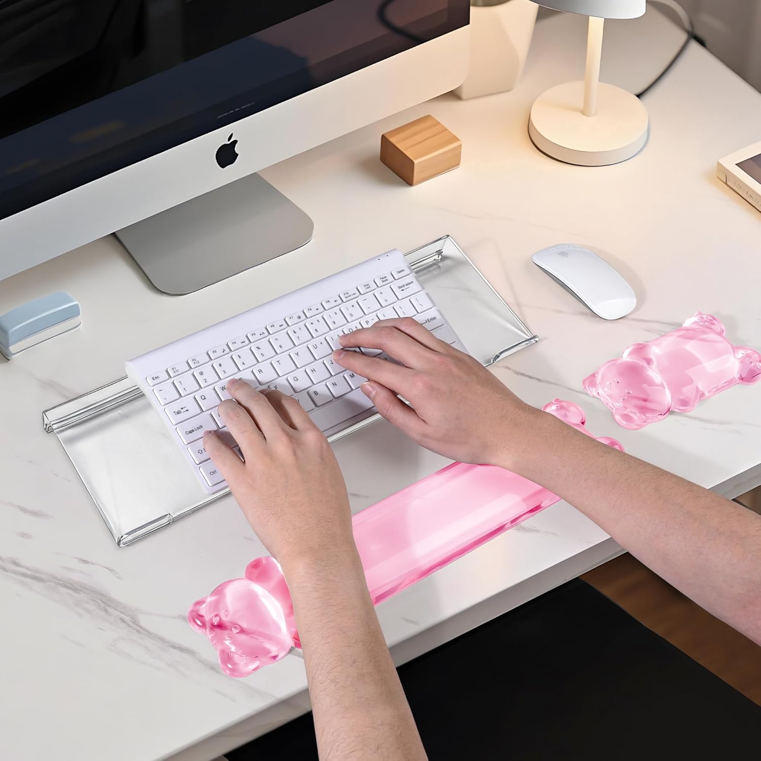 16.9inch Computer Keyboard Stand for Desktop, Gel Keyboard Wrist Rest Set for Ergonomic Typing, Comfort & Support for Office, Work, Gaming (Cute Pink Bear)