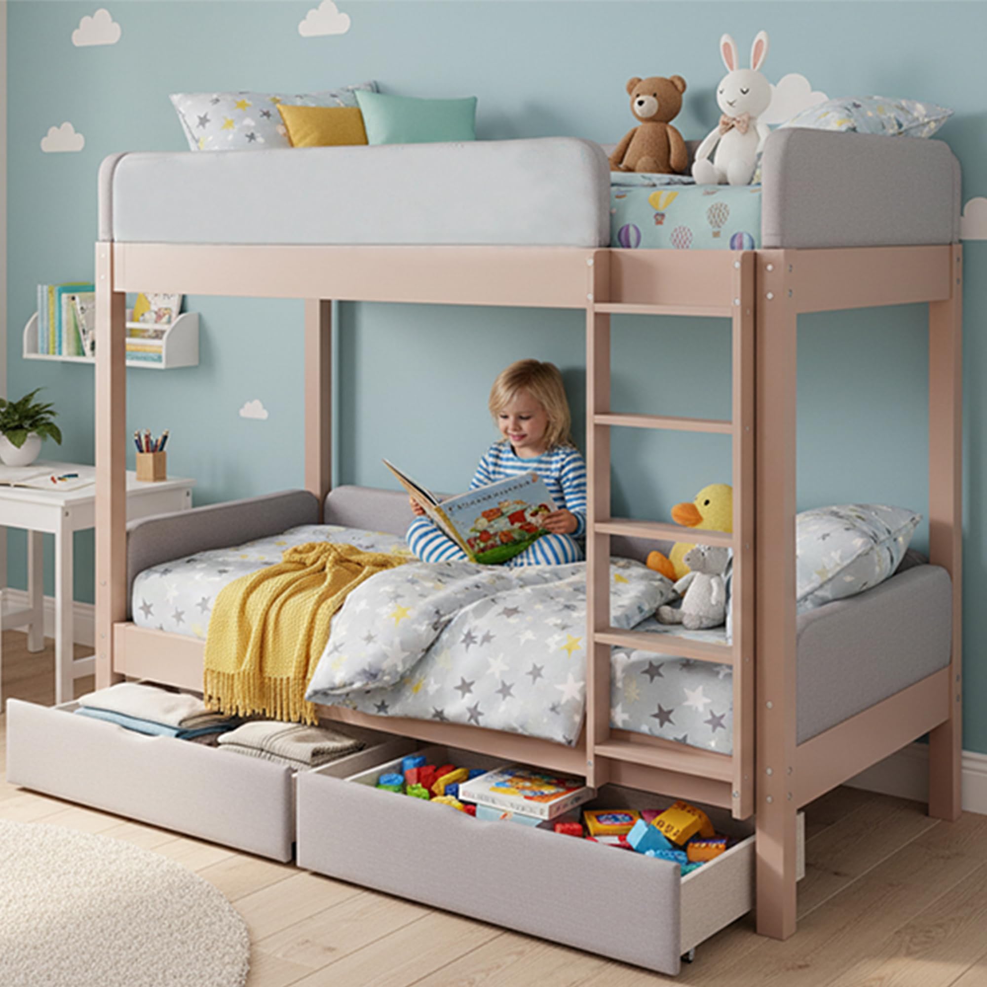 Generisch Letto a castello per bambini, 90 x 200 cm, grigio naturale, in legno di gomma e MDF, con bordo in spugna anti-collisione, scala a 4 gradini, 2 cassetti, rete a doghe stabili per la cameretta