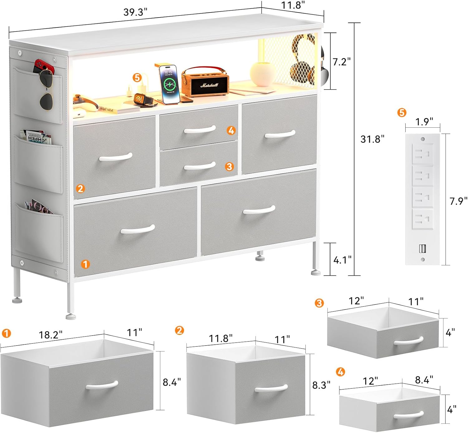 Dresser for Bedroom TV Stand with Power Outlets and LED Light, 6 Drawers Dresser with Side Pockets & Hooks, Wide Dresser with Shelves for 45" TV, Fabric Chest of Drawers, Grey