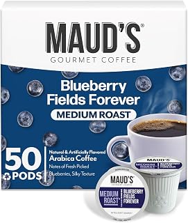Maud's Blueberry Flavored Coffee Pods, 50 ct, Medium Roast Flavored Coffee in Recyclable Single Serve Pods – 100% Arabica Beans, Compatible with Keurig K Cups Maker