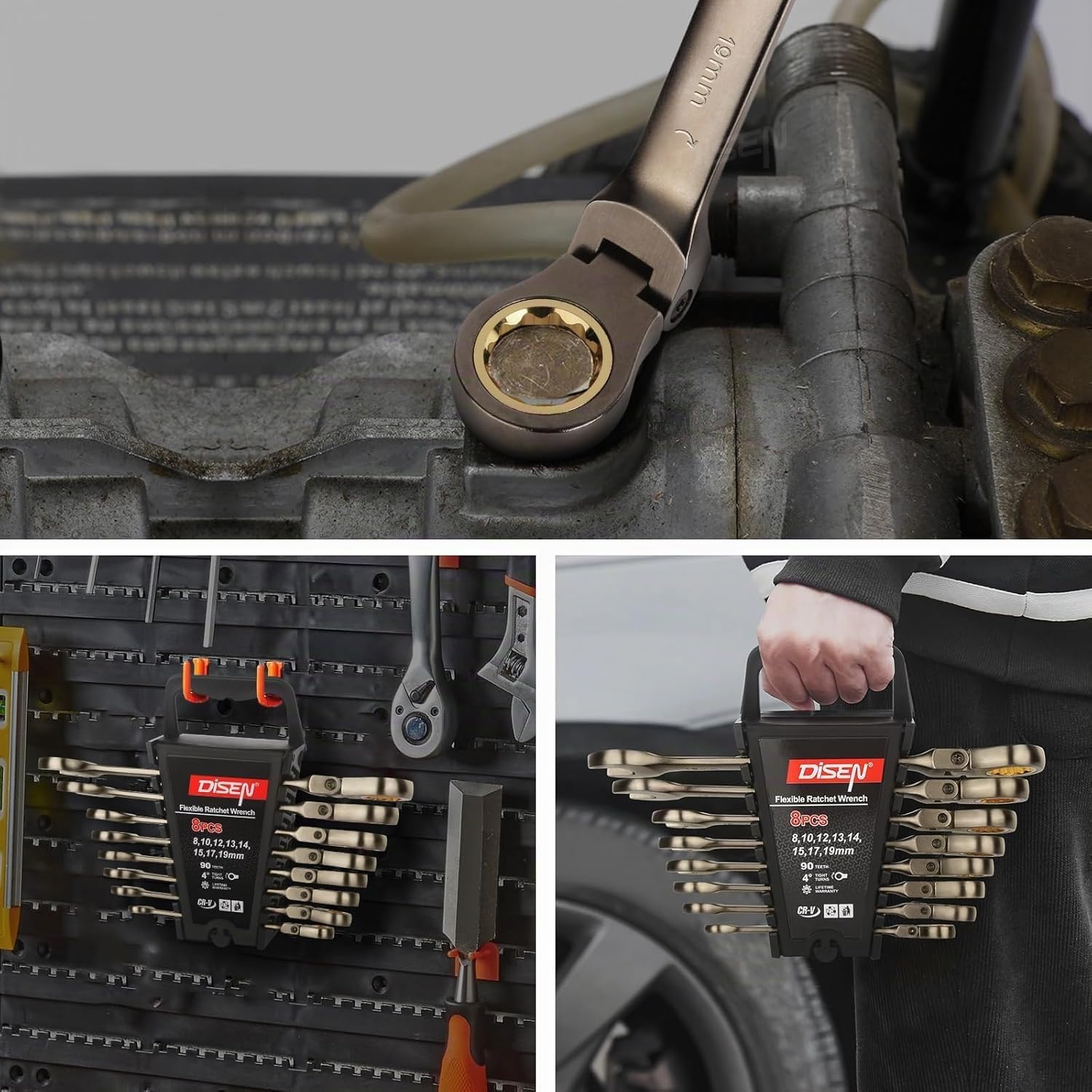 DISEN 12-teiliges Ratschenschlüssel-Set mit Flexkopf, 90 Zähne, metrisches Kombinations-Ratschenschlüssel-Set, 8–19 mm, vernickelter Cr-V-Stahl mit Organizer-Rack