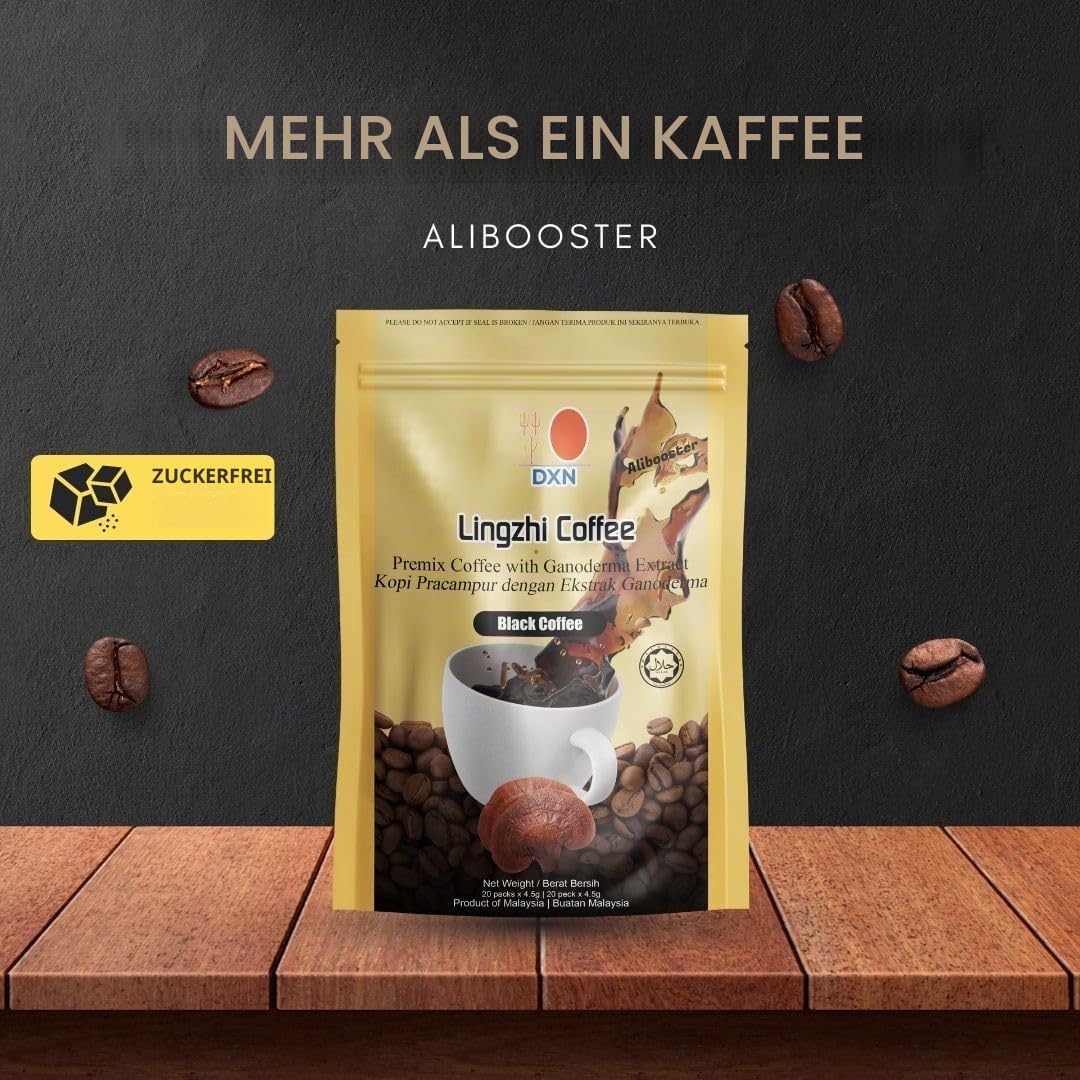Alibooster DXN Lingzhi Schwarzer Kaffee ohne Zucker – Original – Ganoderma Reishi – 20 Beutel x 4,5 g