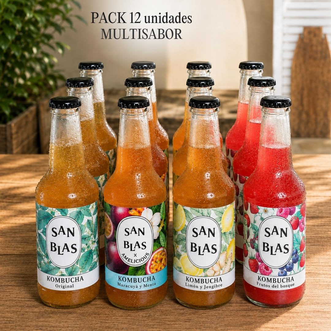 San Blas® Kombucha Ecologica Sin Azucar | Pack 12 Botellas x 250 ml | Kombucha Natural Sin Pasteurizar 4 Sabores | Bebida Viva de Té Fermentado Artesanal con Probióticos Naturales