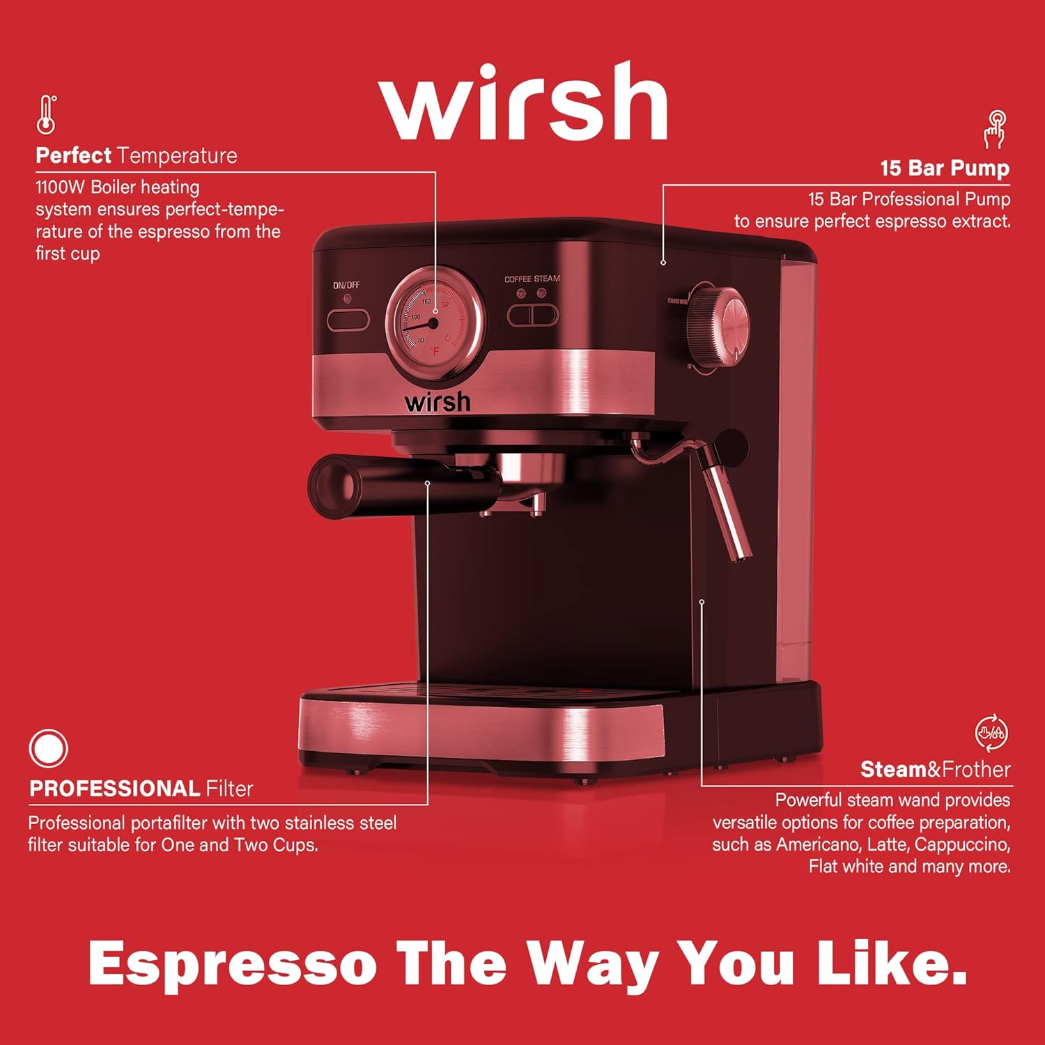 Wirsh Espresso Machine,15 Bar Espresso Maker with Milk Frother Steamer