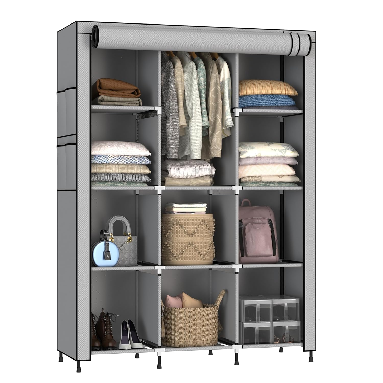 MY ARMOR 3-Door Foldable Wardrobe for Clothes, Wardrobe for Storage, Multipurpose Collapsible Fabric Wardrobe Organizer for Clothes, ABS Plastic, Fabric Cupboard - 10 Shelfes, 1 Hanger Cabinet Rack-image-15