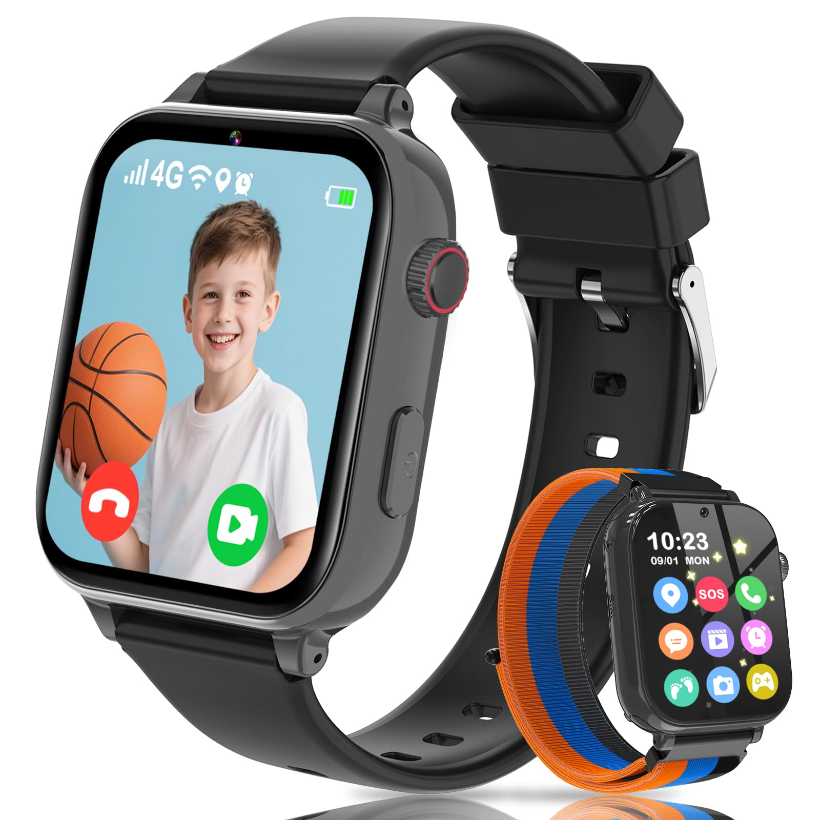 Berilona 4G Orologio da polso per bambini, GPS Smartwatch per ragazze ragazzi con chiamate/video/chat vocale, SOS, modalità scuola, allarme, pedometro, giochi smart watch per bambini 4-12 regalo, nero