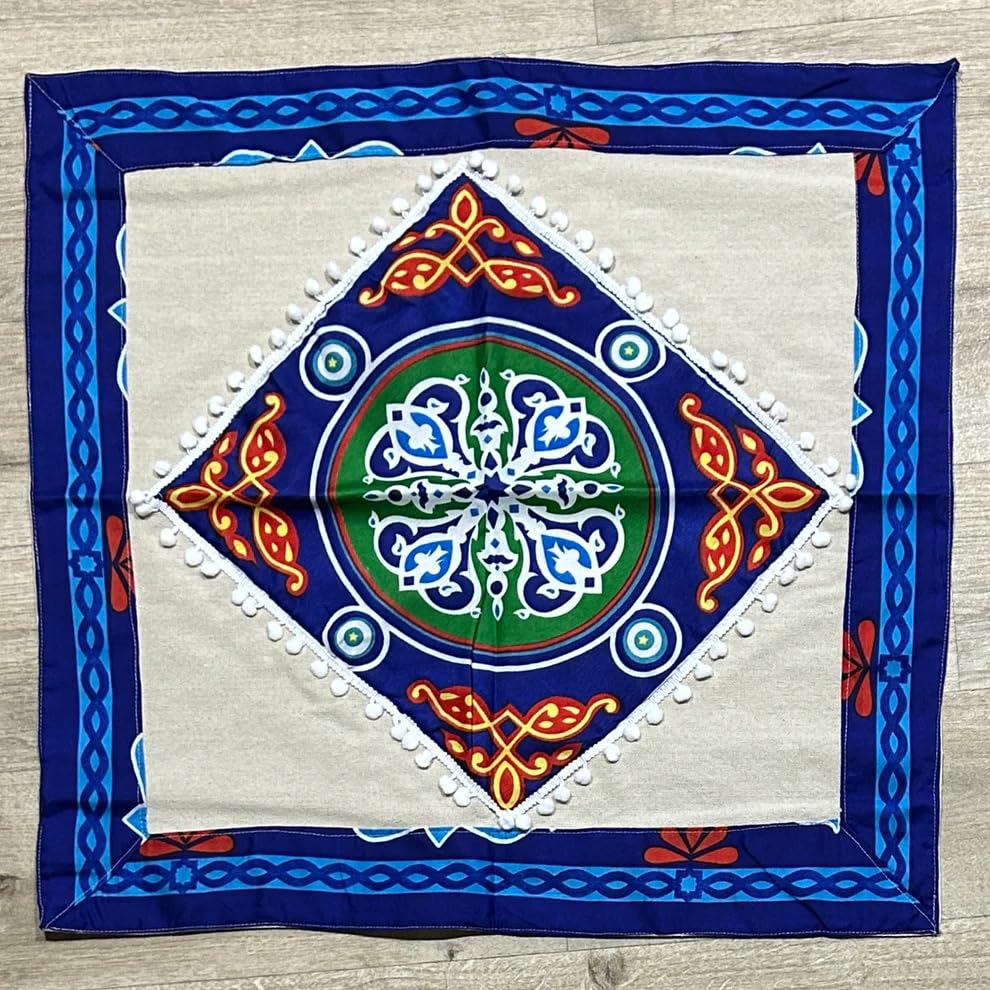 Home Paradise Khayamiyah Side Blue Table Cloth, Handmade Dining Table Decoration, Islamic Traditions Gift, Square Shape Arabic Calligraphy Table Cloth, Housewarming Décor, 75 x 75 cm