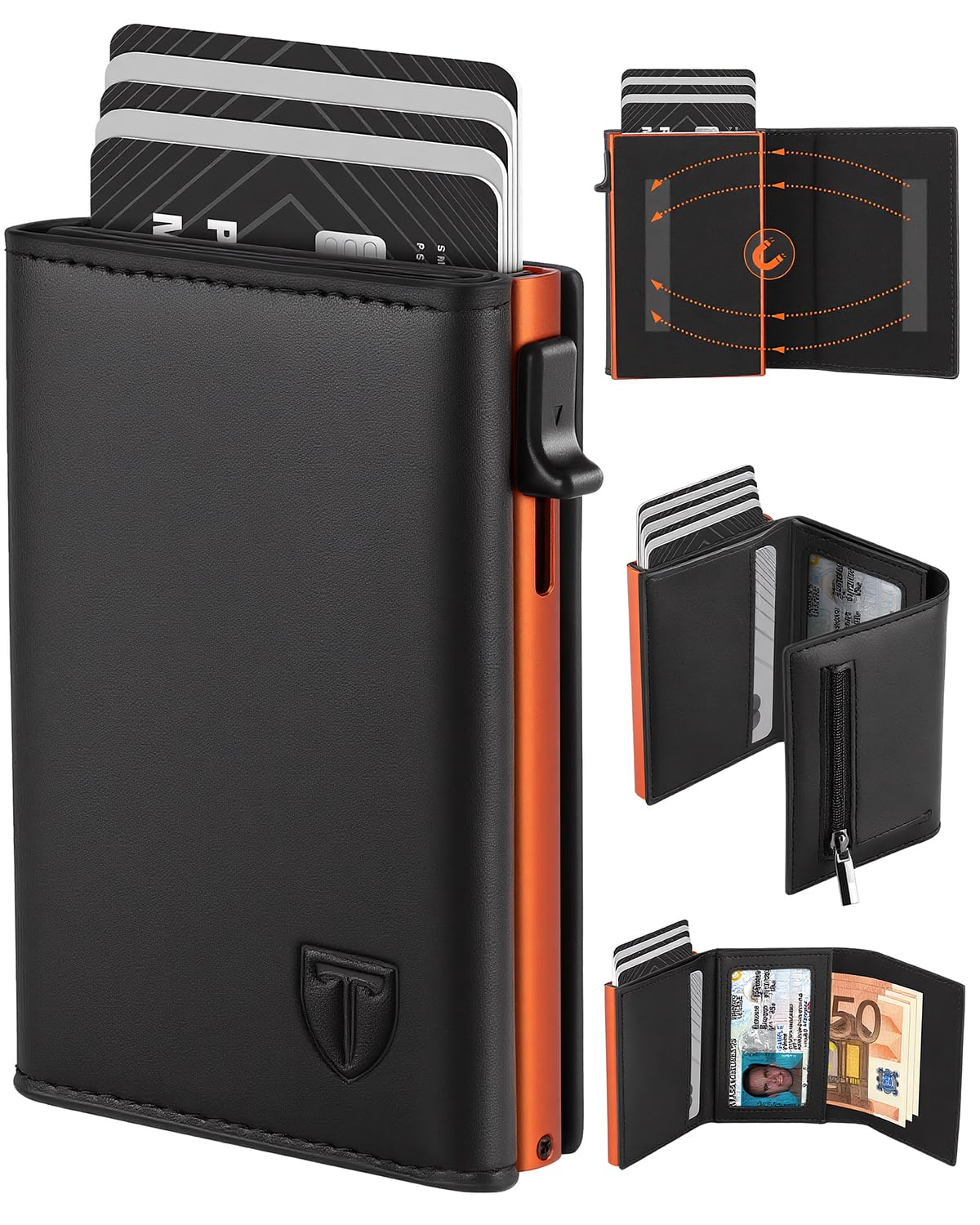 Portafoglio Uomo Slim, Pop-up Porta Carte di Credito Uomo, Portacarte in Pelle con Protezione RFID, Portamonete e Scomparti Banconote, Regalo uomo con Confezione (Arancione Nero)