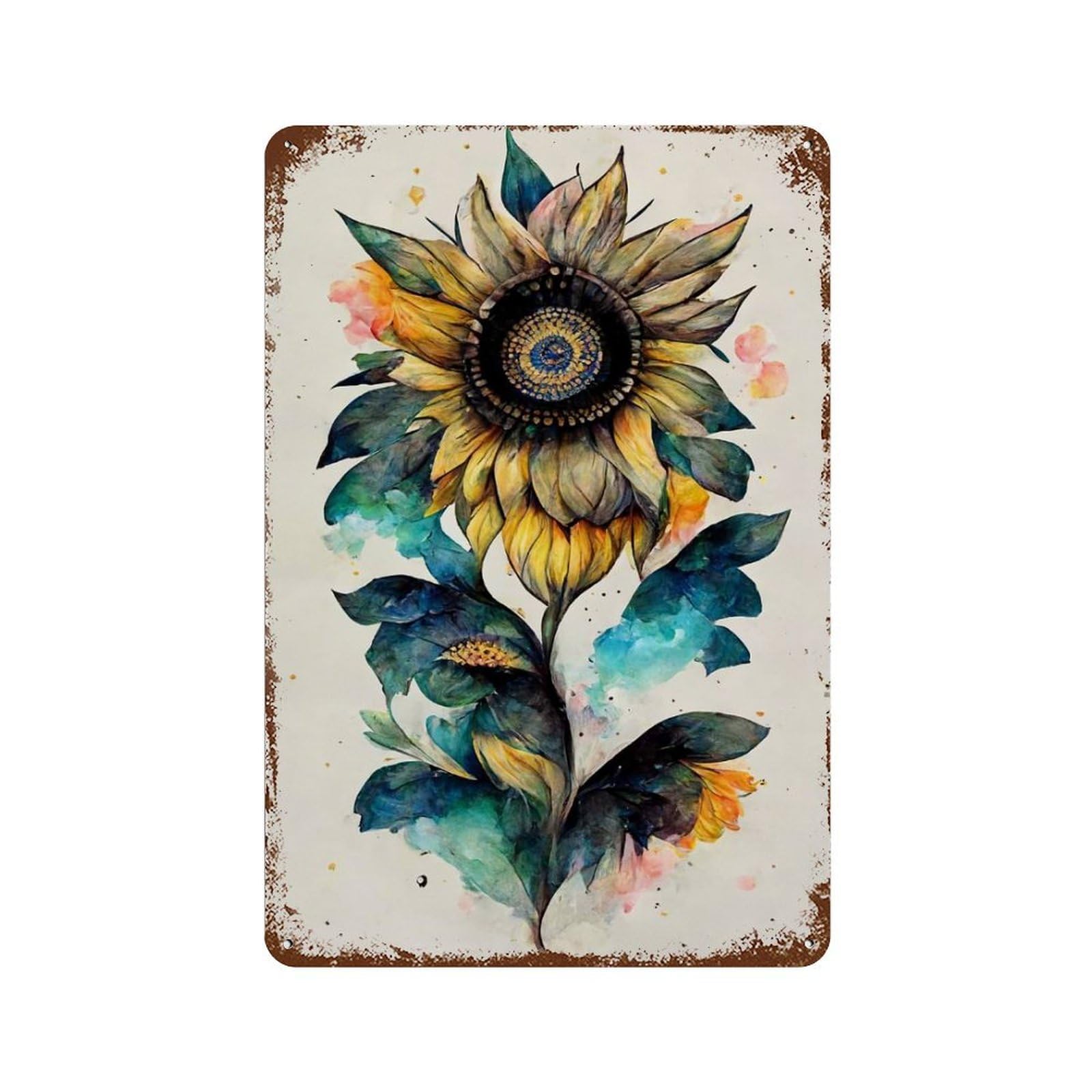 Garage Style Detailed Sunflower Drawing Distressed Metal Wall Sign 11.8"x7.9", Vintage Wall Decor for Bar And Workshop